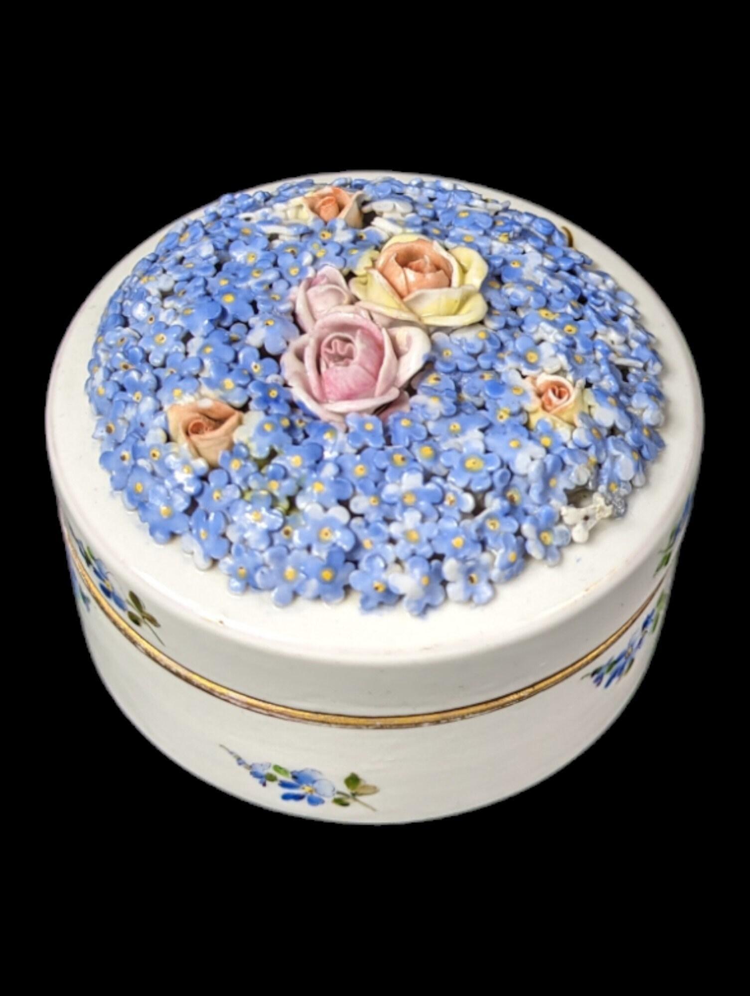 Tedesco Piccolo antico contenitore in porcellana Schierholtz incrostato di fiori del 19° secolo in vendita