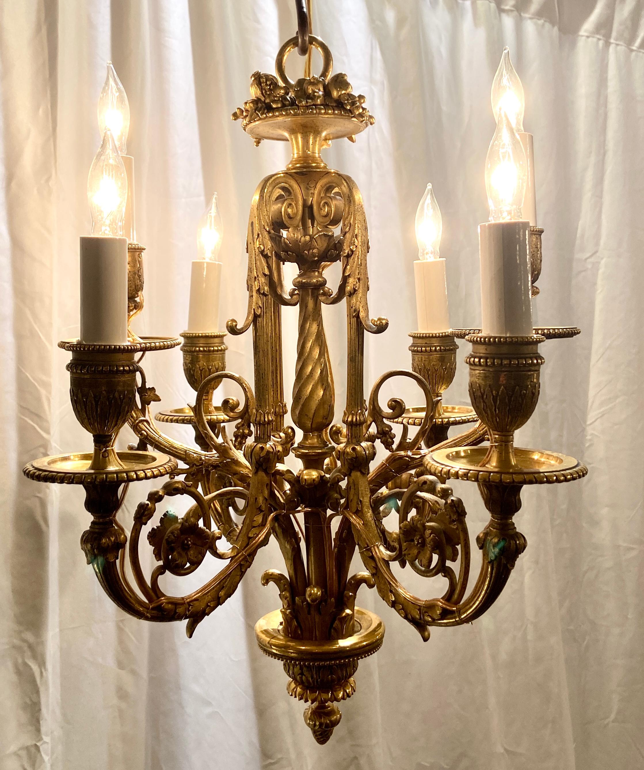 Small antique 19th century French Louis XVI exquisite quality ormolu 6 light chandelier.
