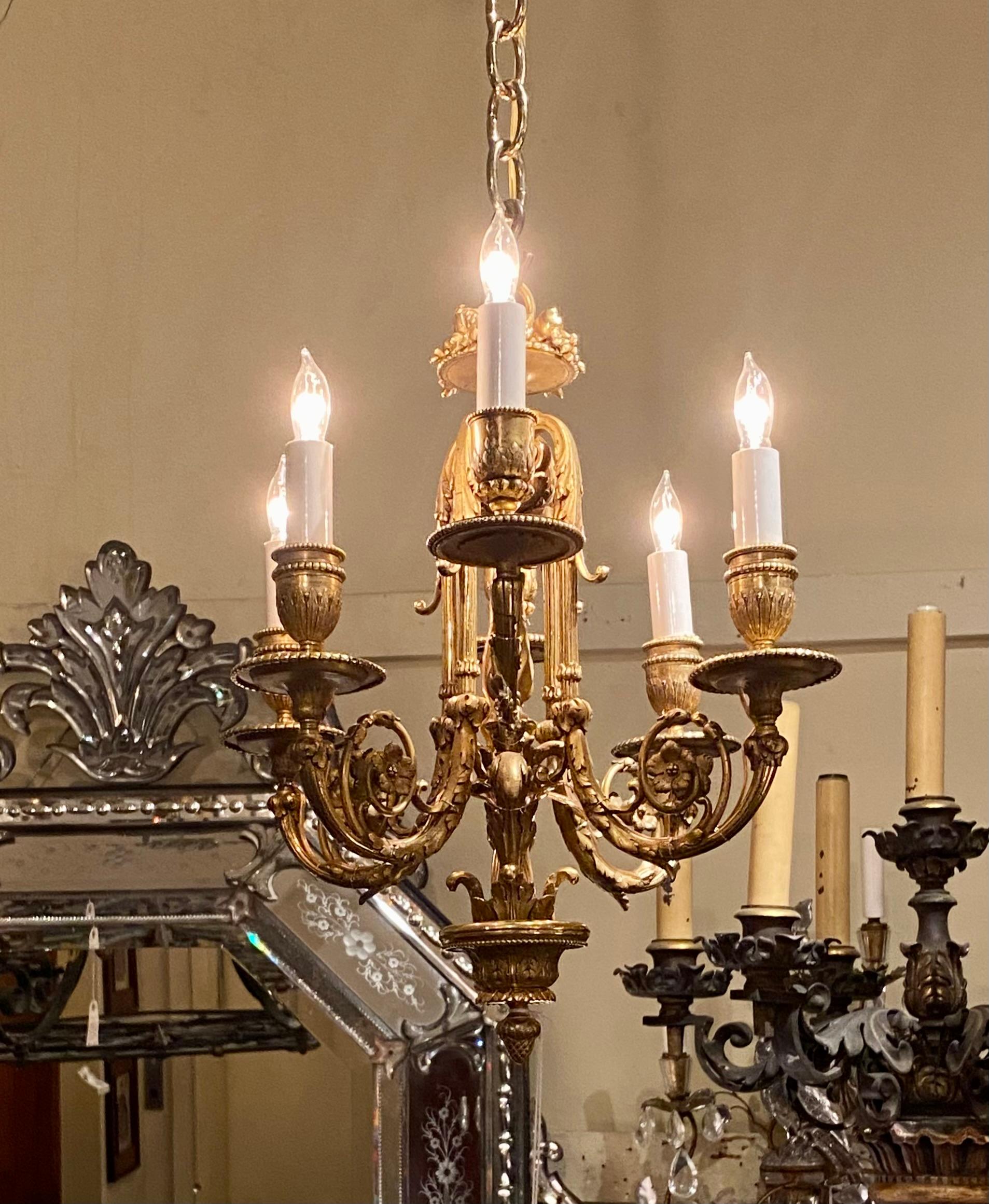 Small Antique 19th Century French Louis XVI Style Ormolu 6 Light Chandelier For Sale 3
