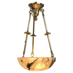 Small Antique Alabaster Pendant Light Fixture, Circa 1915