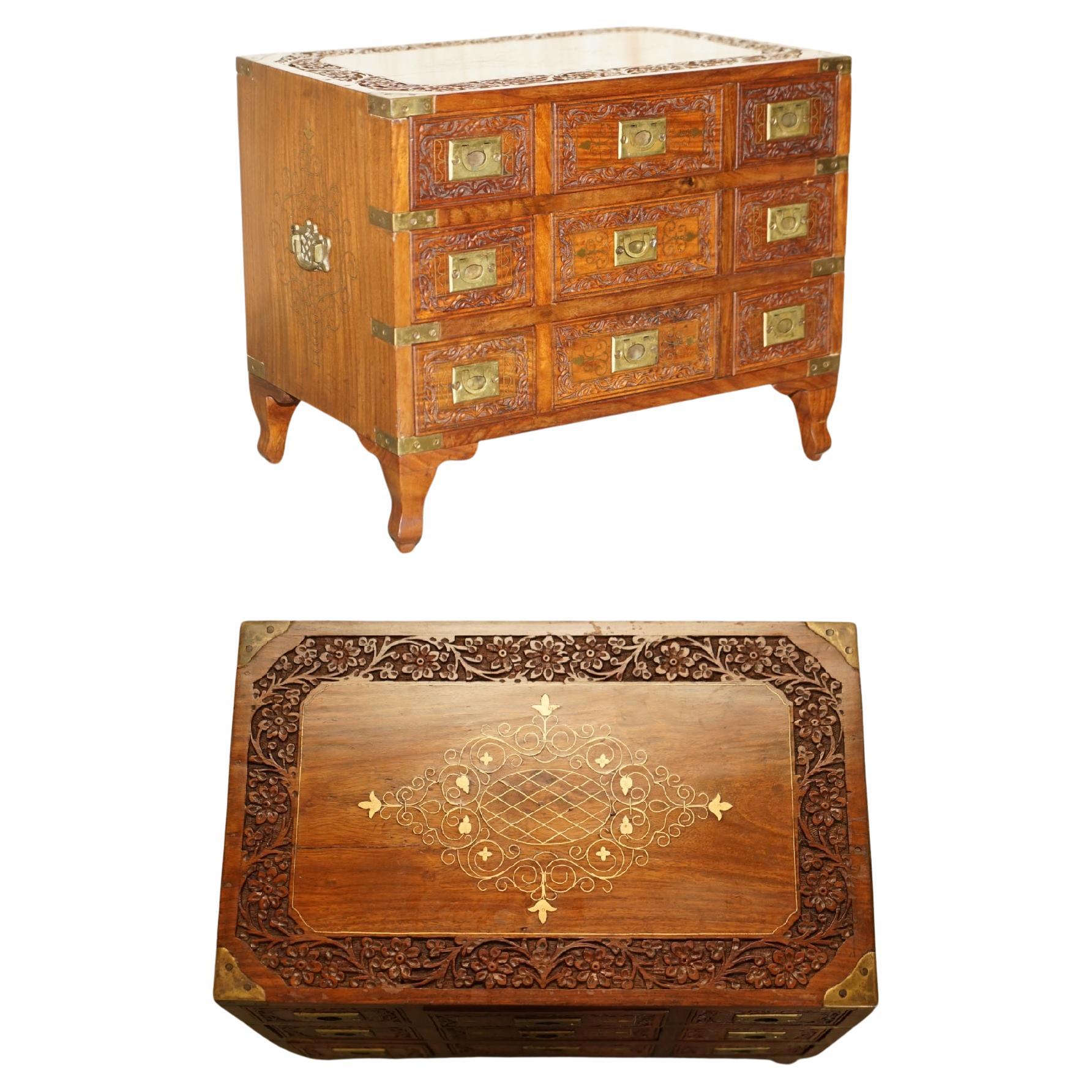 Small Antique Anglo Indian Military Campaign Brass Side Table Tea Chest Drawers For Sale