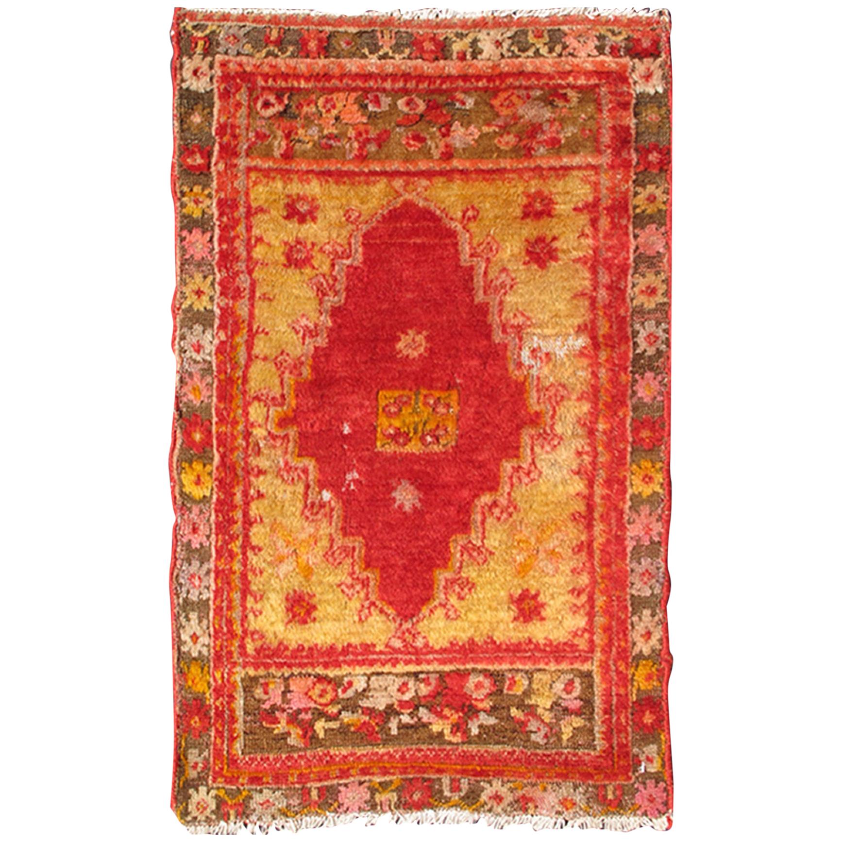 Small Antique Angora Small Turkish Oushak Rug with Vibrant Red, Green and Gold For Sale