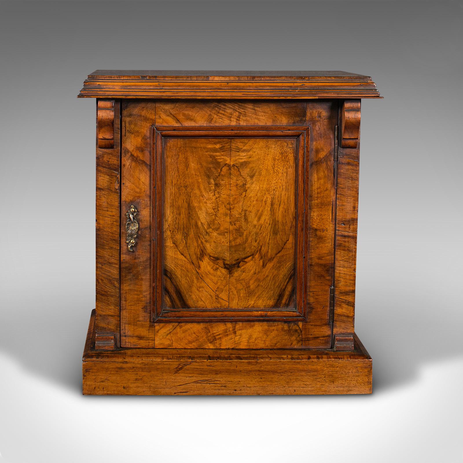 This is a small antique apprentice's cabinet. An English, Burr walnut book-matched desk top, or wall cupboard, dating to the Victorian period, circa 1880.

Striking appearance to this delightfully petite cabinet
Displays a desirable aged patina