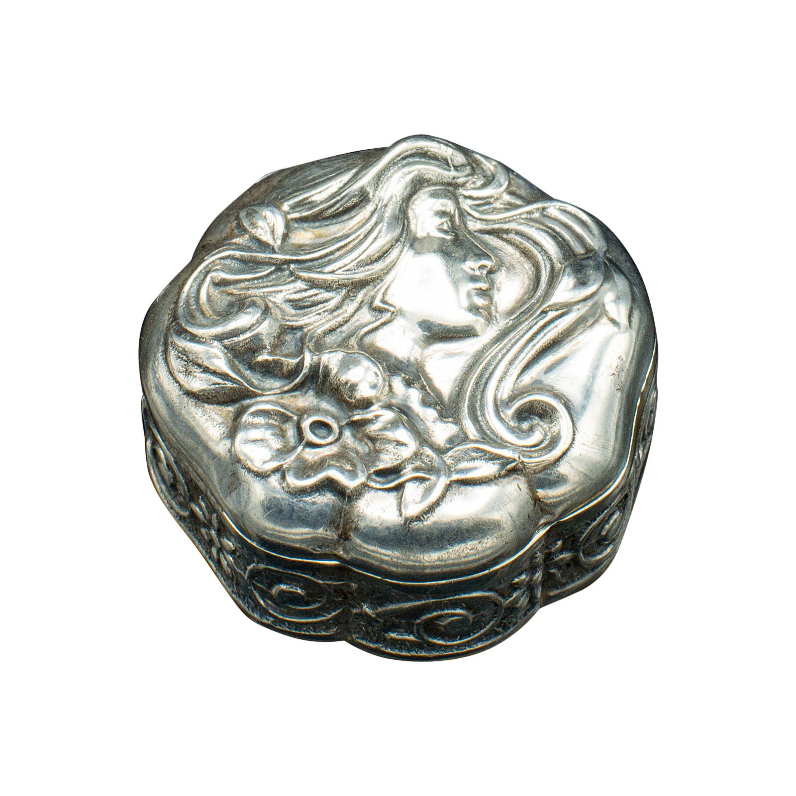 Small Antique Art Nouveau Pill Box, Continental, Silver, Pocket Case, Victorian