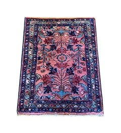 Small Antique Rug, Pink Handmade Azerbaijan Oriental Wool Carpet