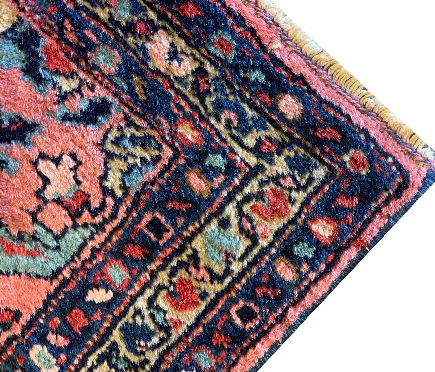 Rustic Small Antique Rug, Pink Handmade Azerbaijan Oriental Wool Carpet For Sale