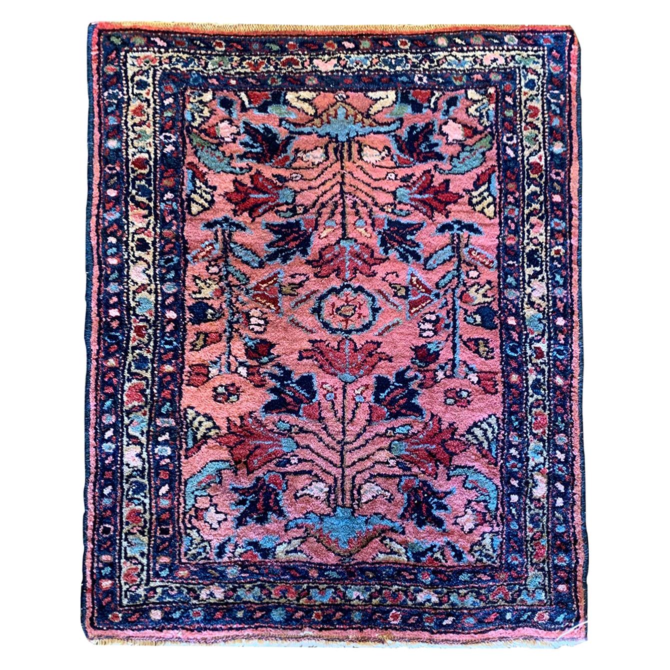 Small Antique Rug, Pink Handmade Azerbaijan Oriental Wool Carpet For Sale