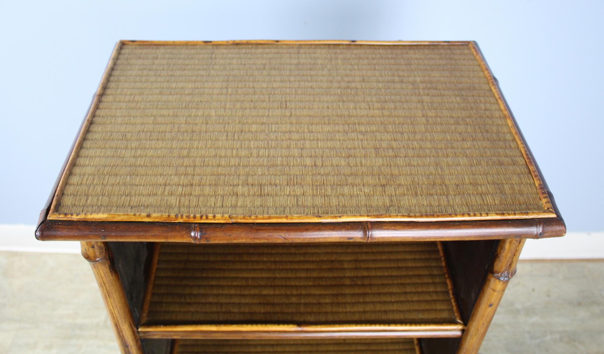 English Small Antique Bamboo Bookcase with Pressed Leather Sides