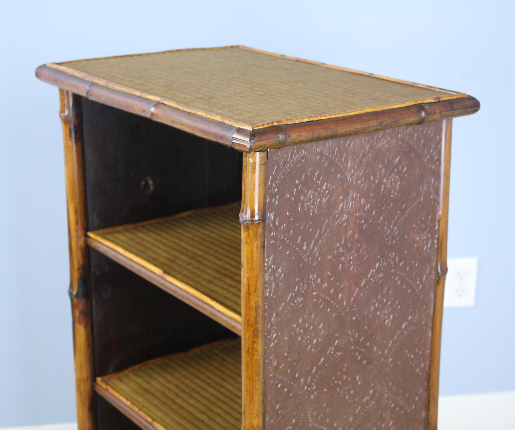 19th Century Small Antique Bamboo Bookcase with Pressed Leather Sides