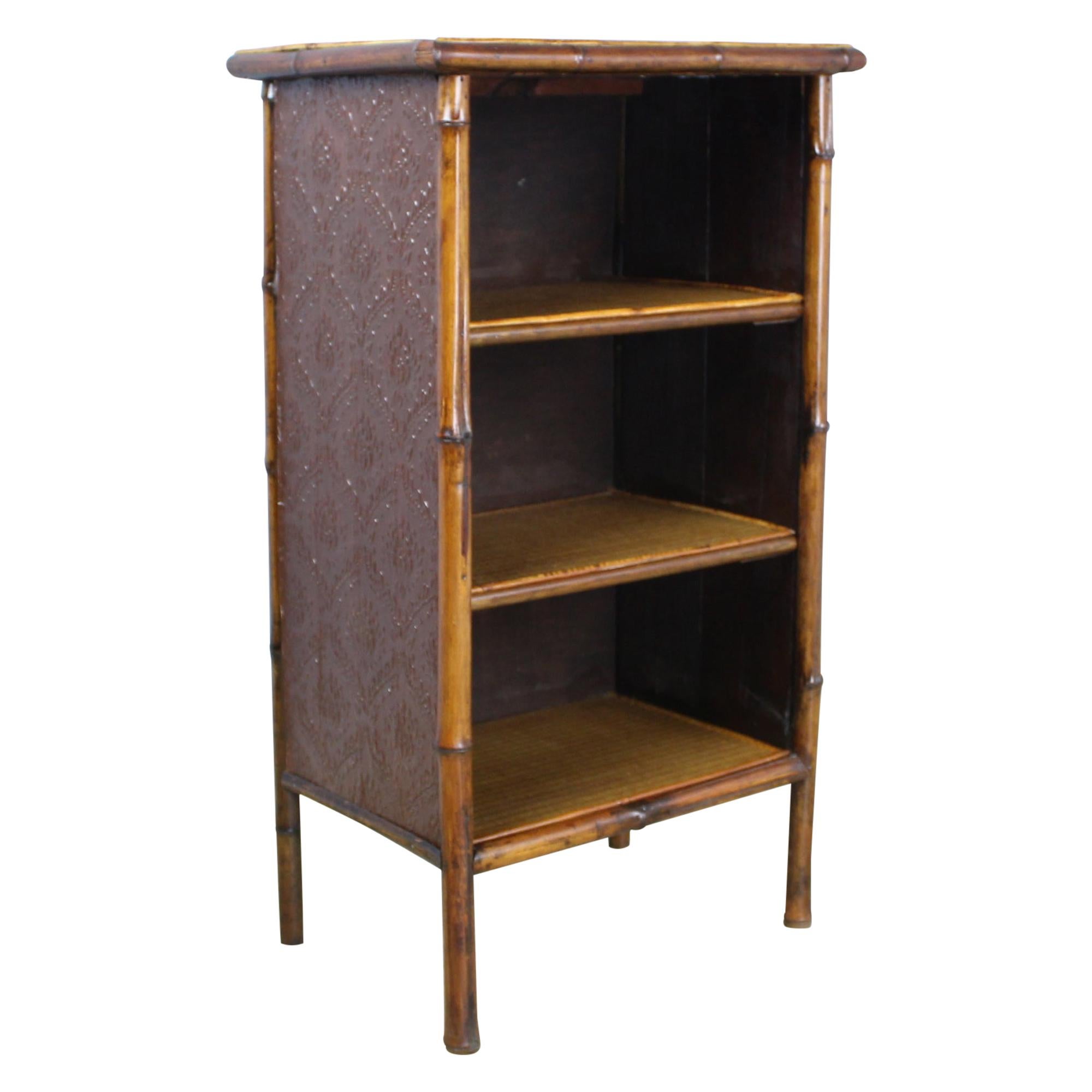 Small Antique Bamboo Bookcase with Pressed Leather Sides