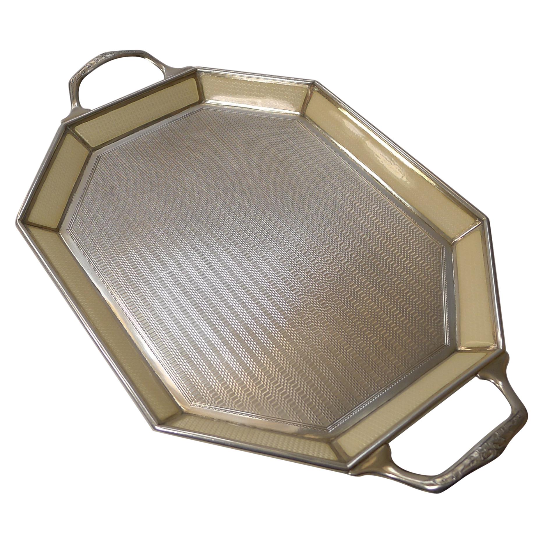 Pequeña bandeja antigua belga de plata de ley y esmalte guilloché, c.1920