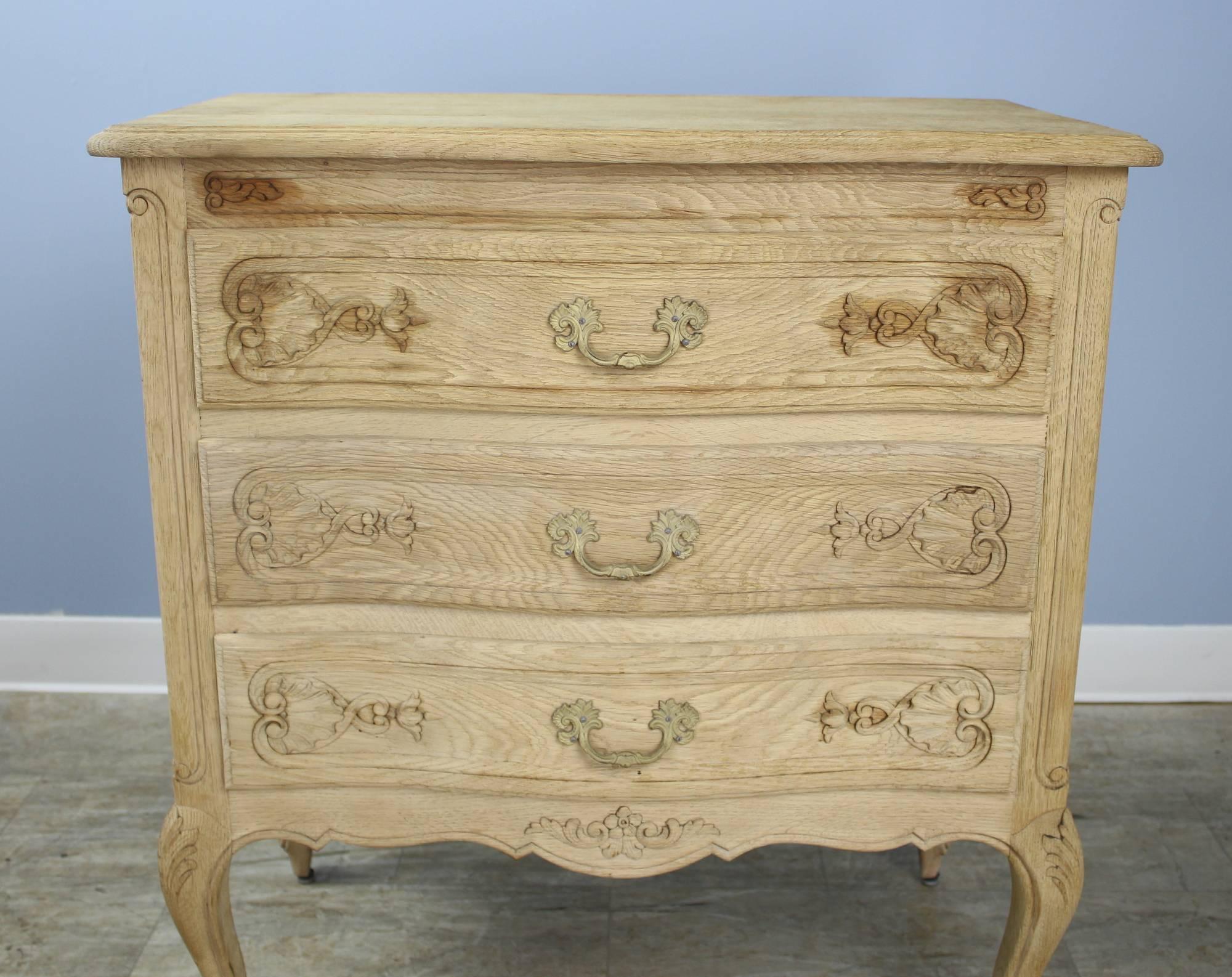 French Small Antique Bleached Oak Commode, Fancifully Carved