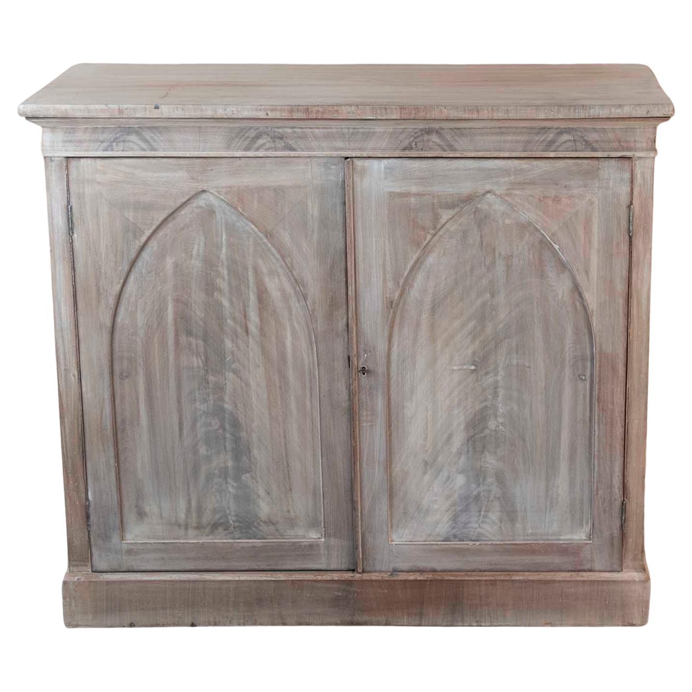 Small Antique Bleached Side Cabinet With Gothic Arch Door Panels. C.1820