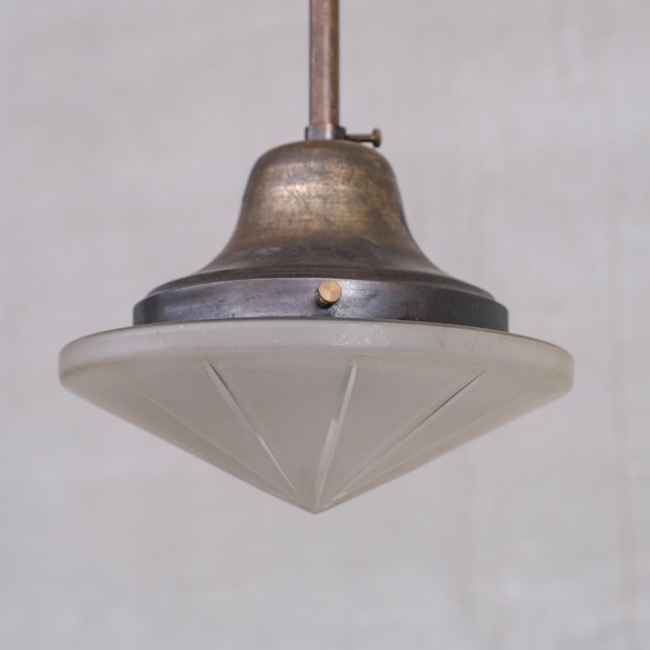 French Small Antique Brass and Glass Pendant Light