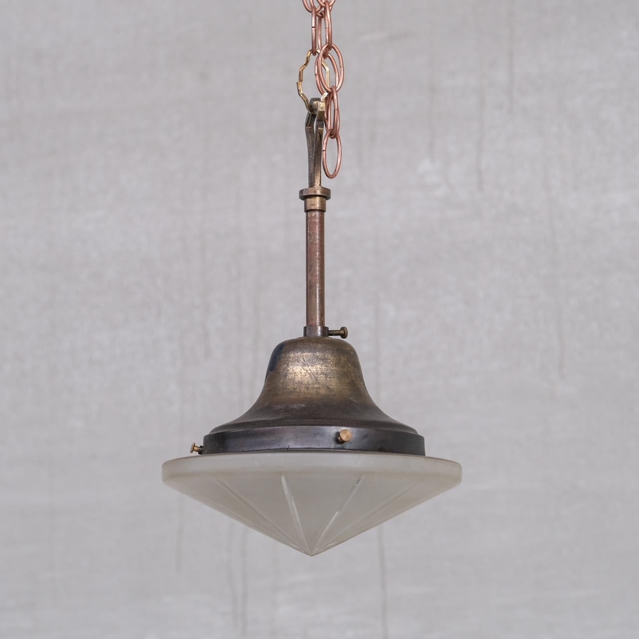 Small Antique Brass and Glass Pendant Light In Good Condition In London, GB