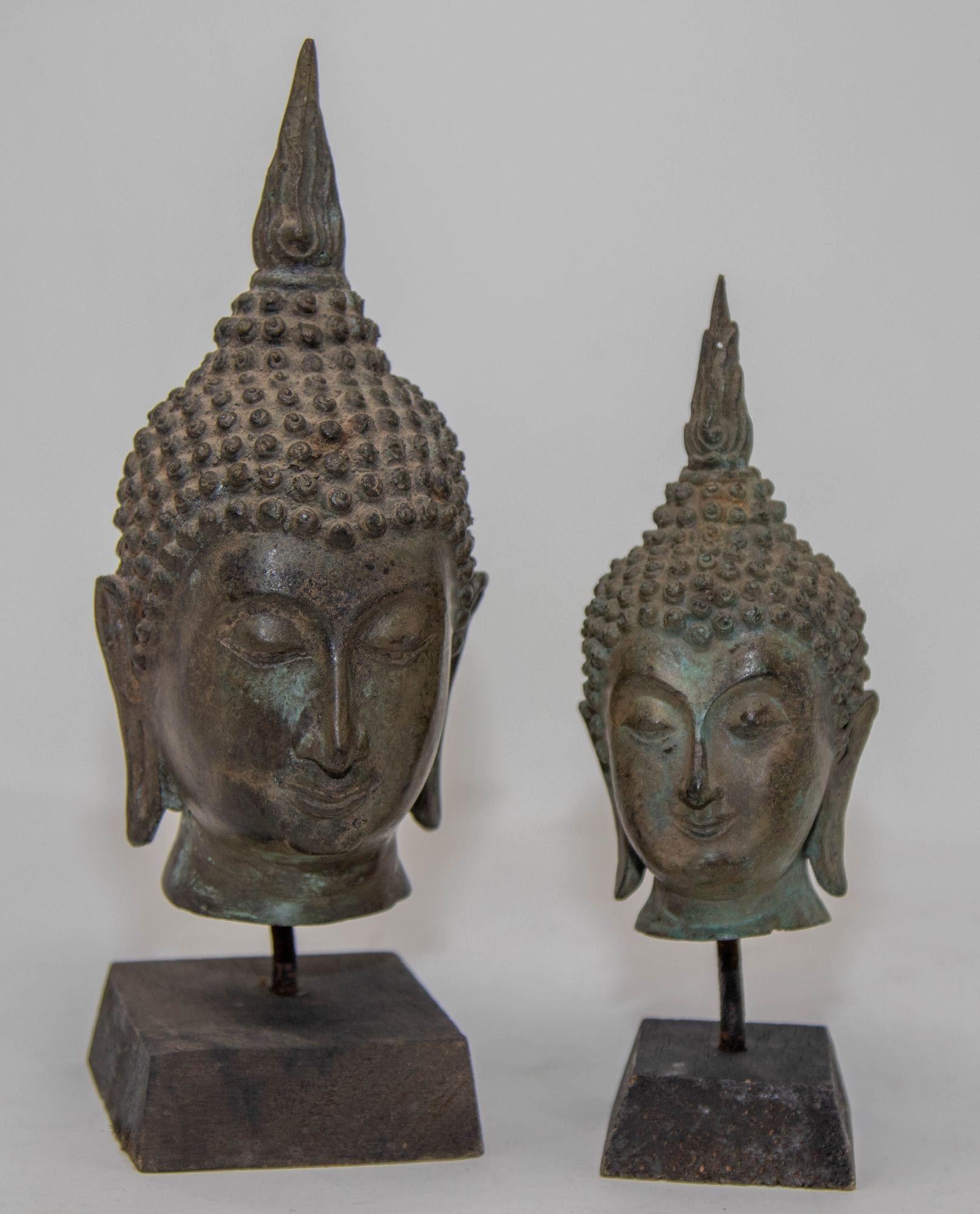 Small Antique Bronze Buddha Head Sculpture with Verdigris on Stand For Sale 4