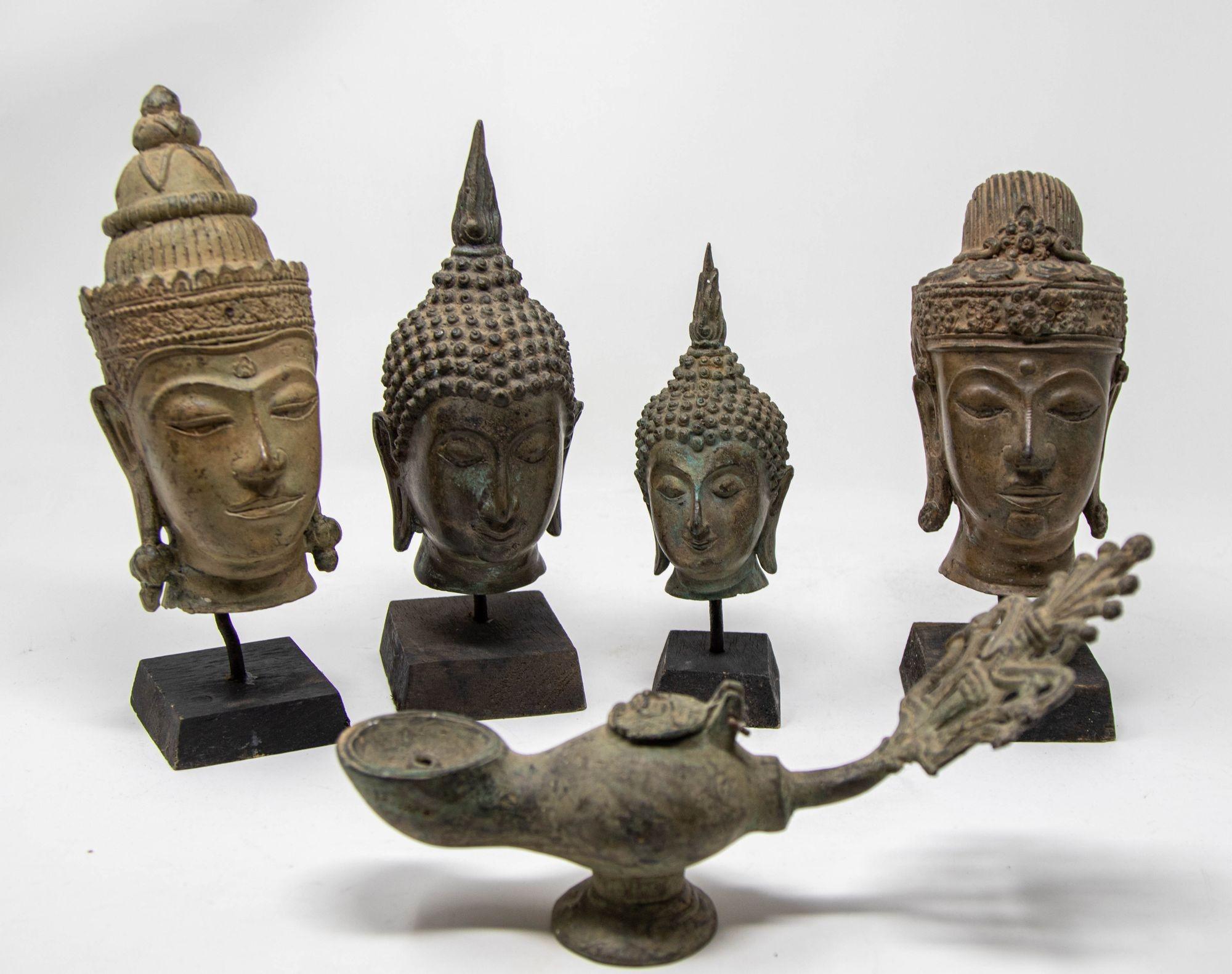 Small Antique Bronze Buddha Head Sculpture with Verdigris on Stand For Sale 5