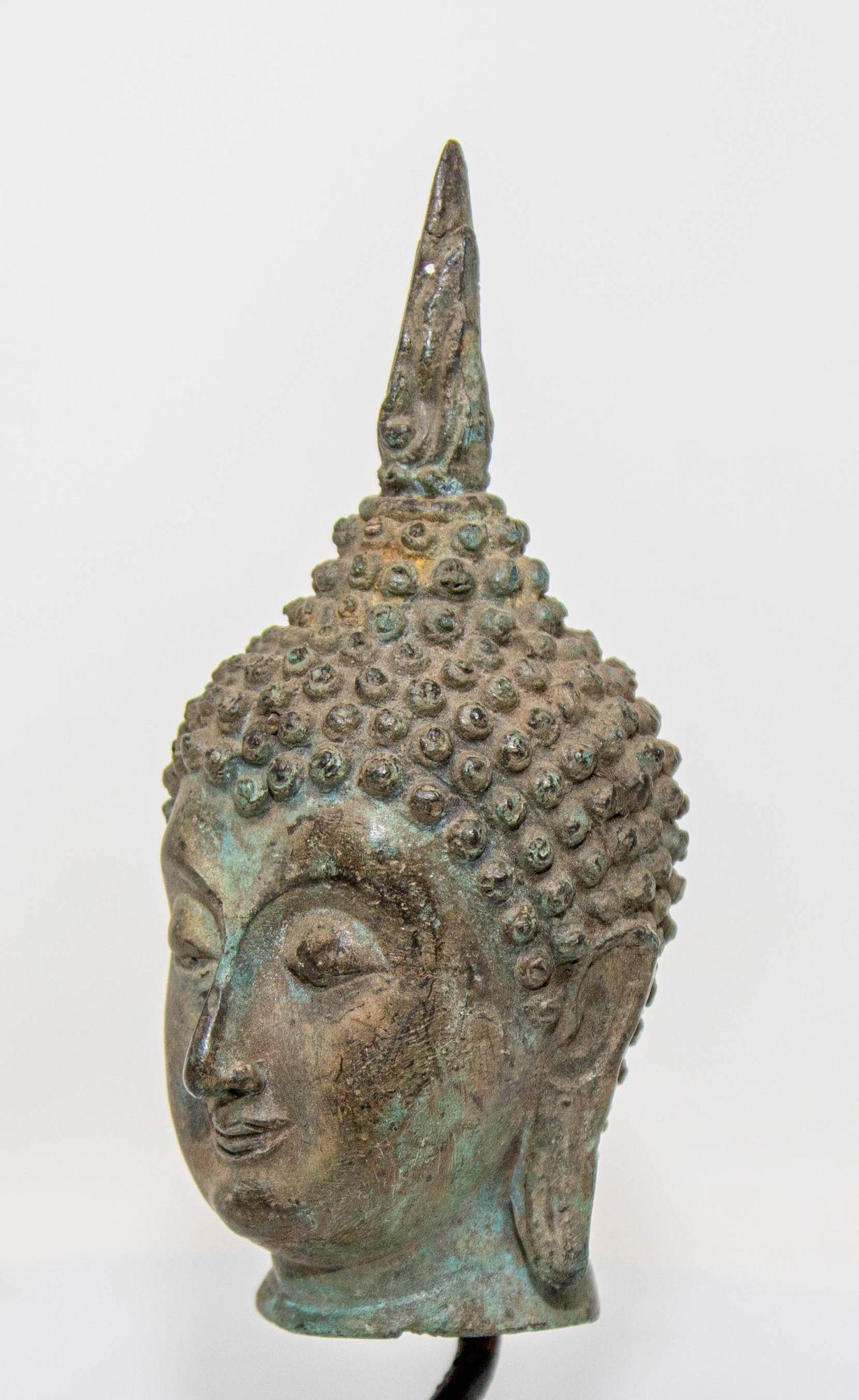 Thai Small Antique Bronze Buddha Head Sculpture with Verdigris on Stand For Sale