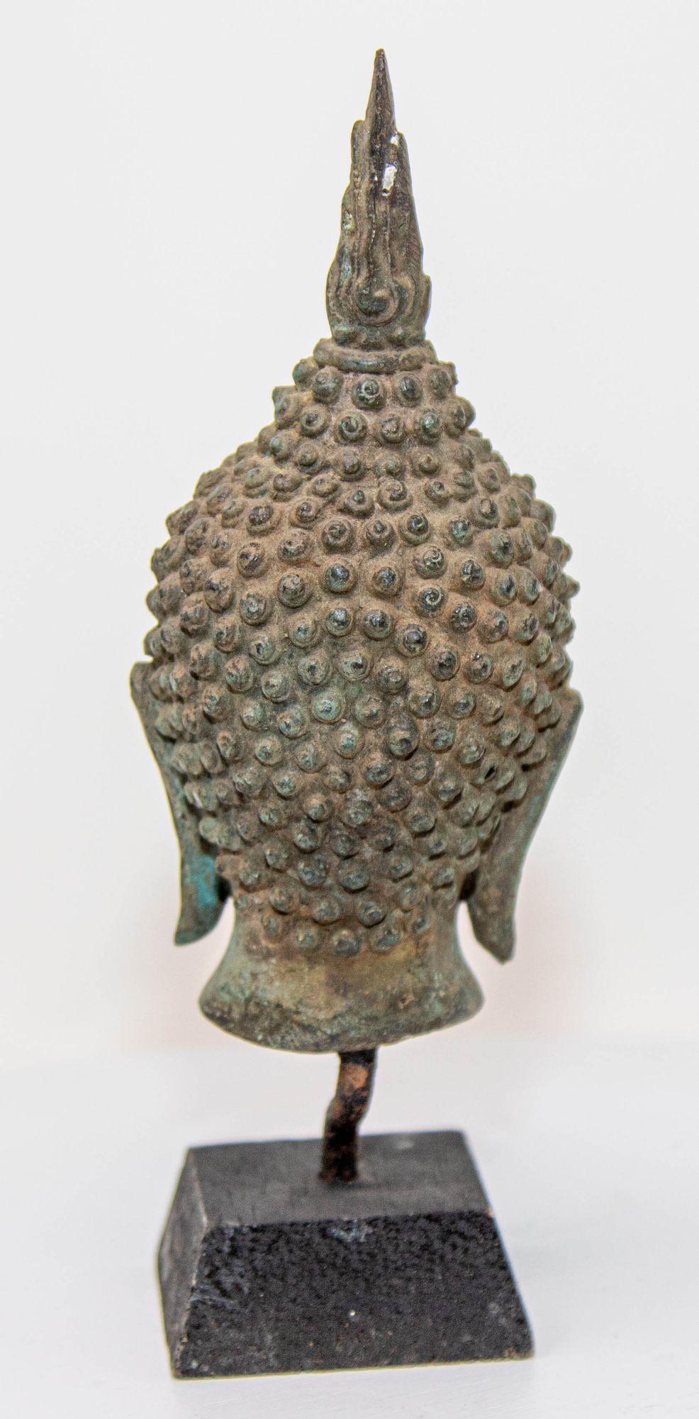 Small Antique Bronze Buddha Head Sculpture with Verdigris on Stand In Good Condition For Sale In North Hollywood, CA