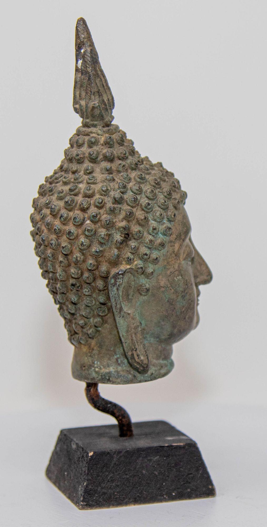 19th Century Small Antique Bronze Buddha Head Sculpture with Verdigris on Stand For Sale