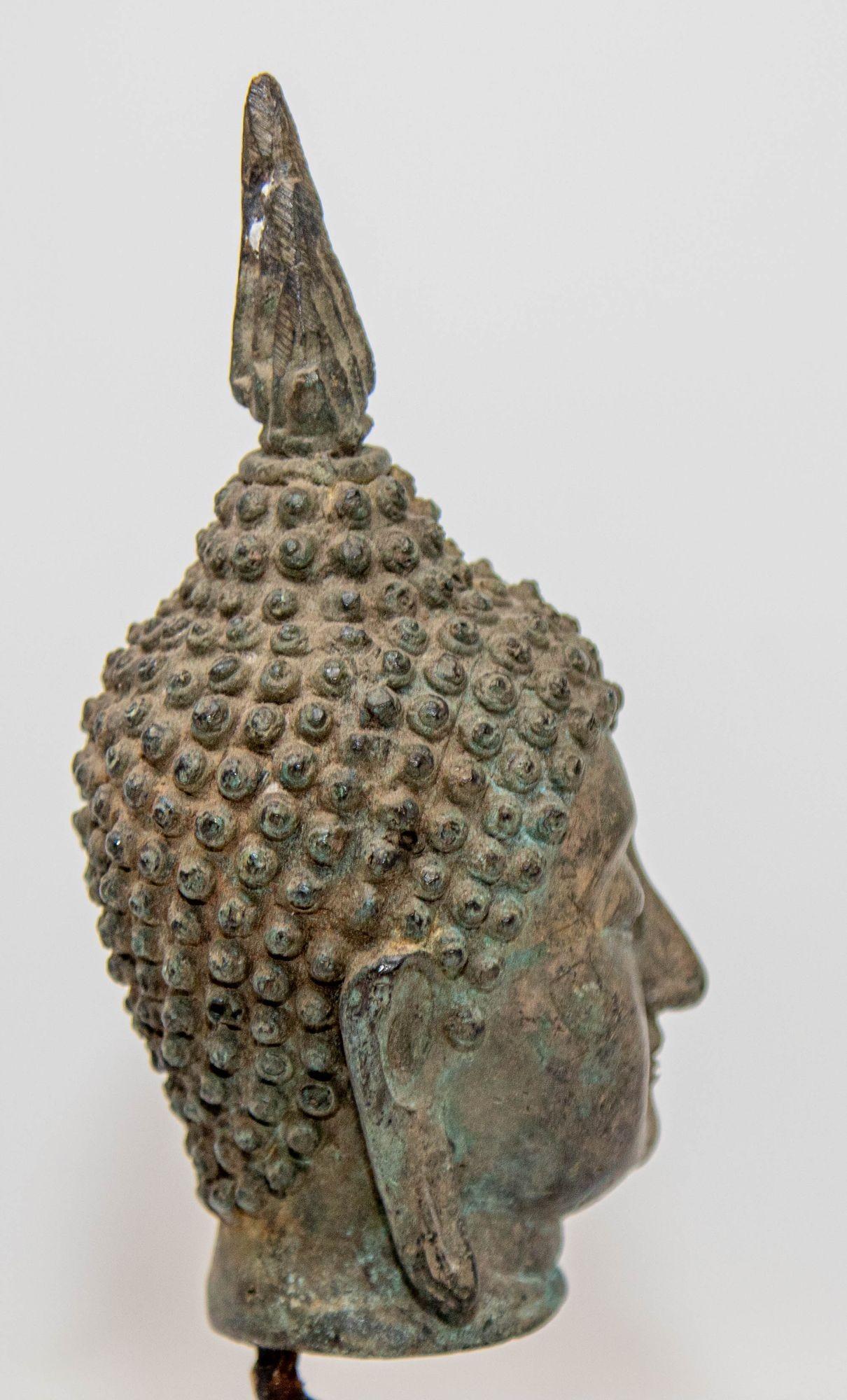 Small Antique Bronze Buddha Head Sculpture with Verdigris on Stand For Sale 1