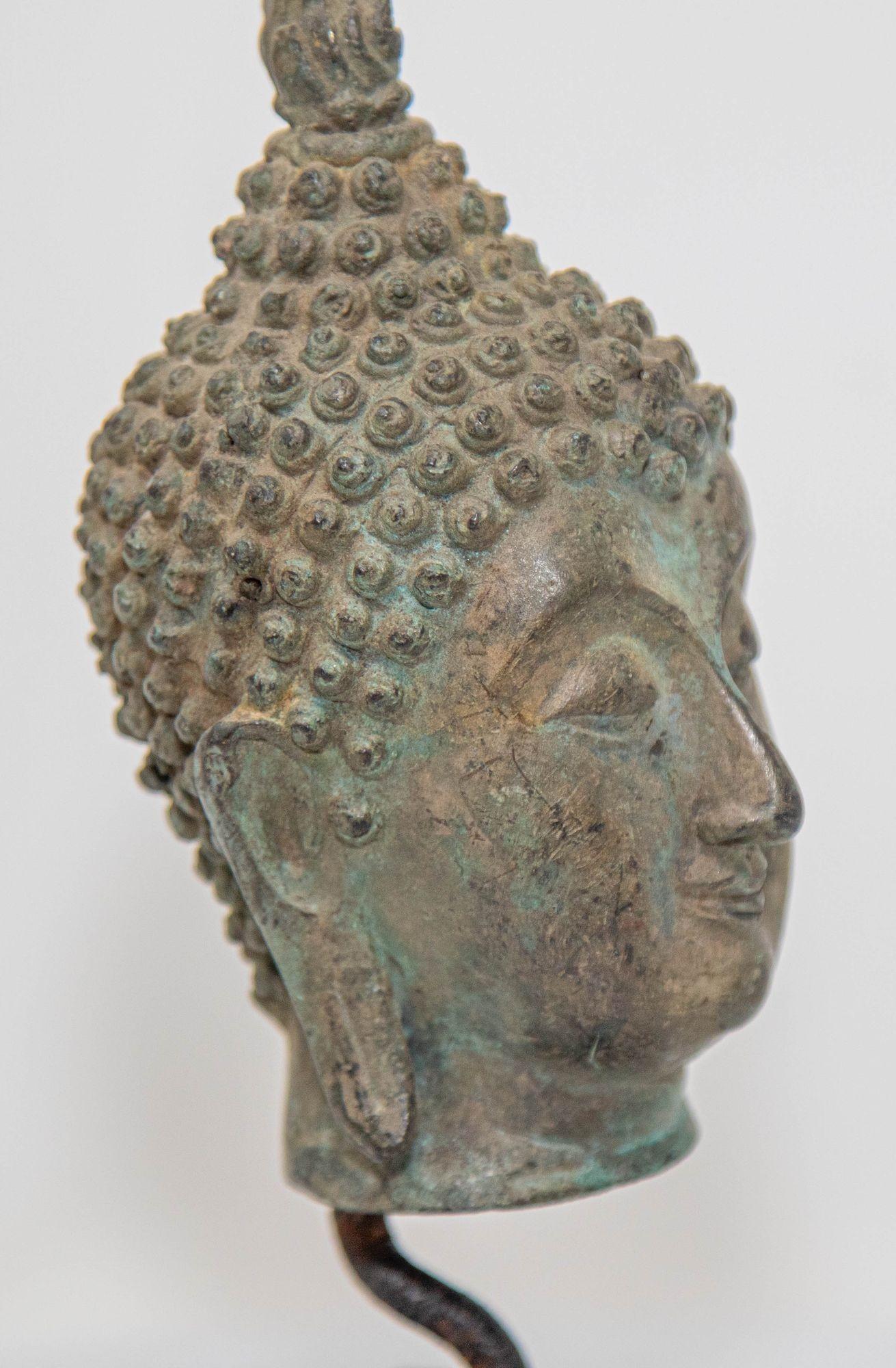 Small Antique Bronze Buddha Head Sculpture with Verdigris on Stand For Sale 2