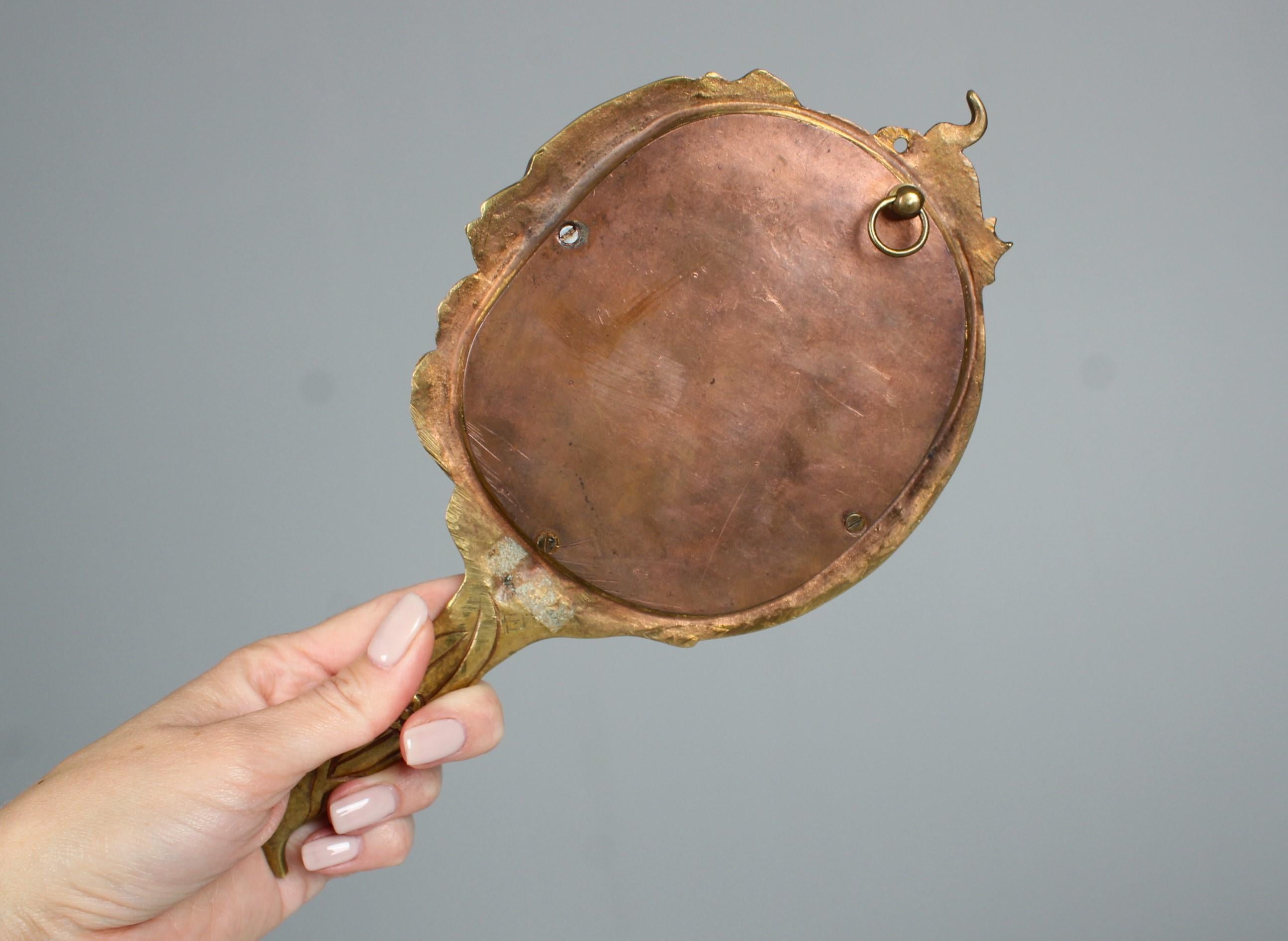 Small Antique Bronze Mirror, France, Art Nouveau, Handheld Mirror For Sale 4