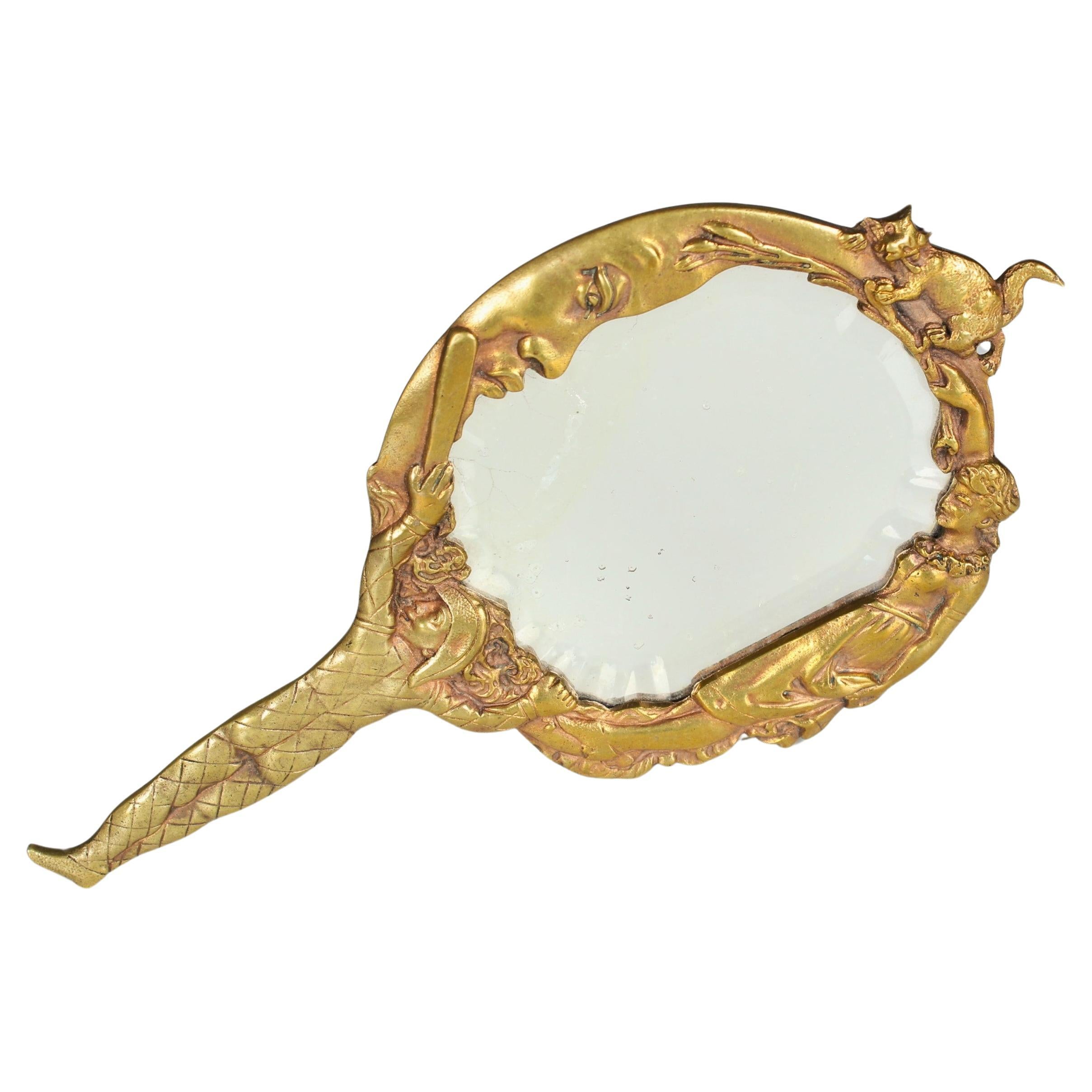 Small Antique Bronze Mirror, France, Art Nouveau, Handheld Mirror For Sale