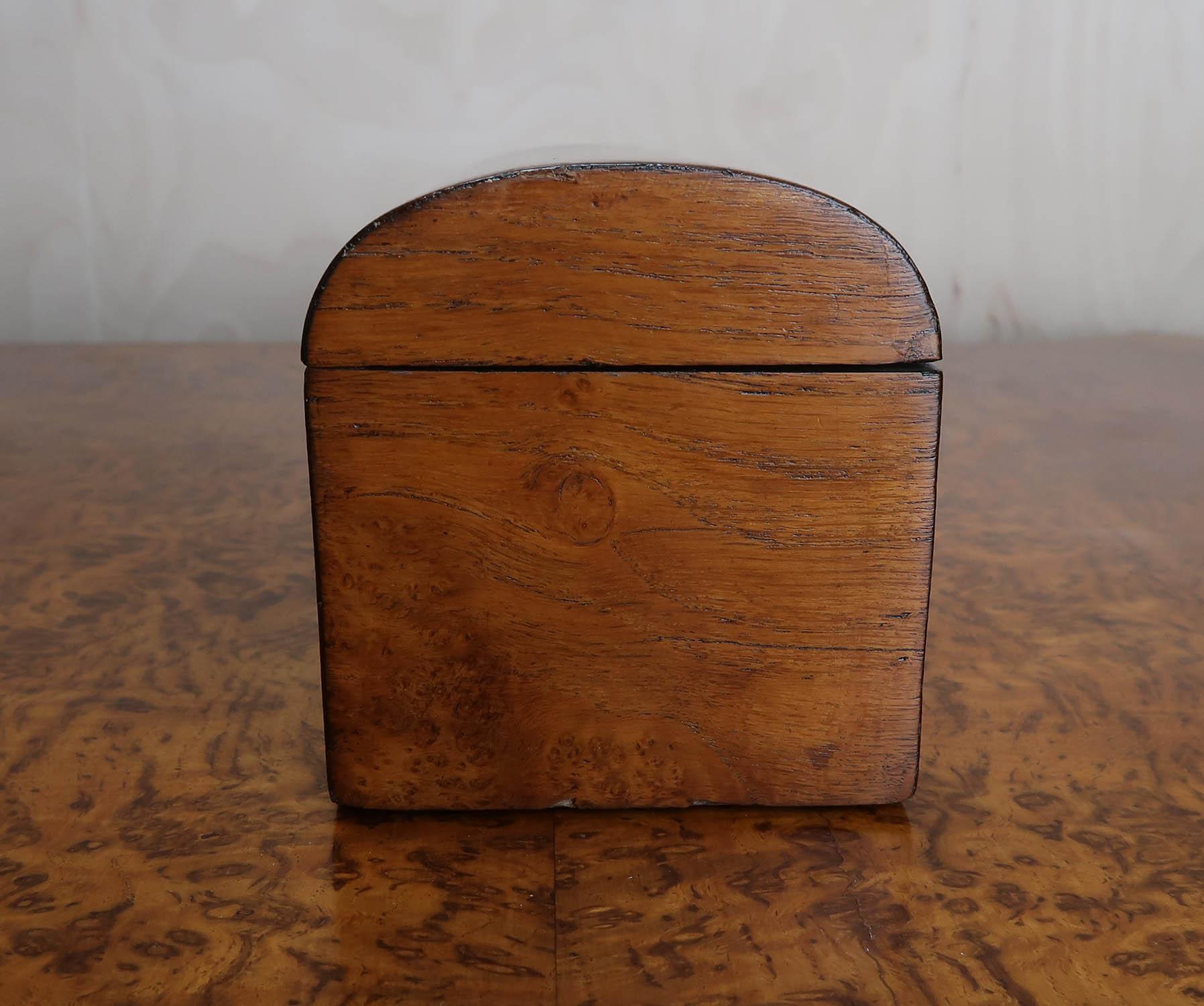 Small Antique Burr Oak Domed Top Tea Caddy. English C.1830 2
