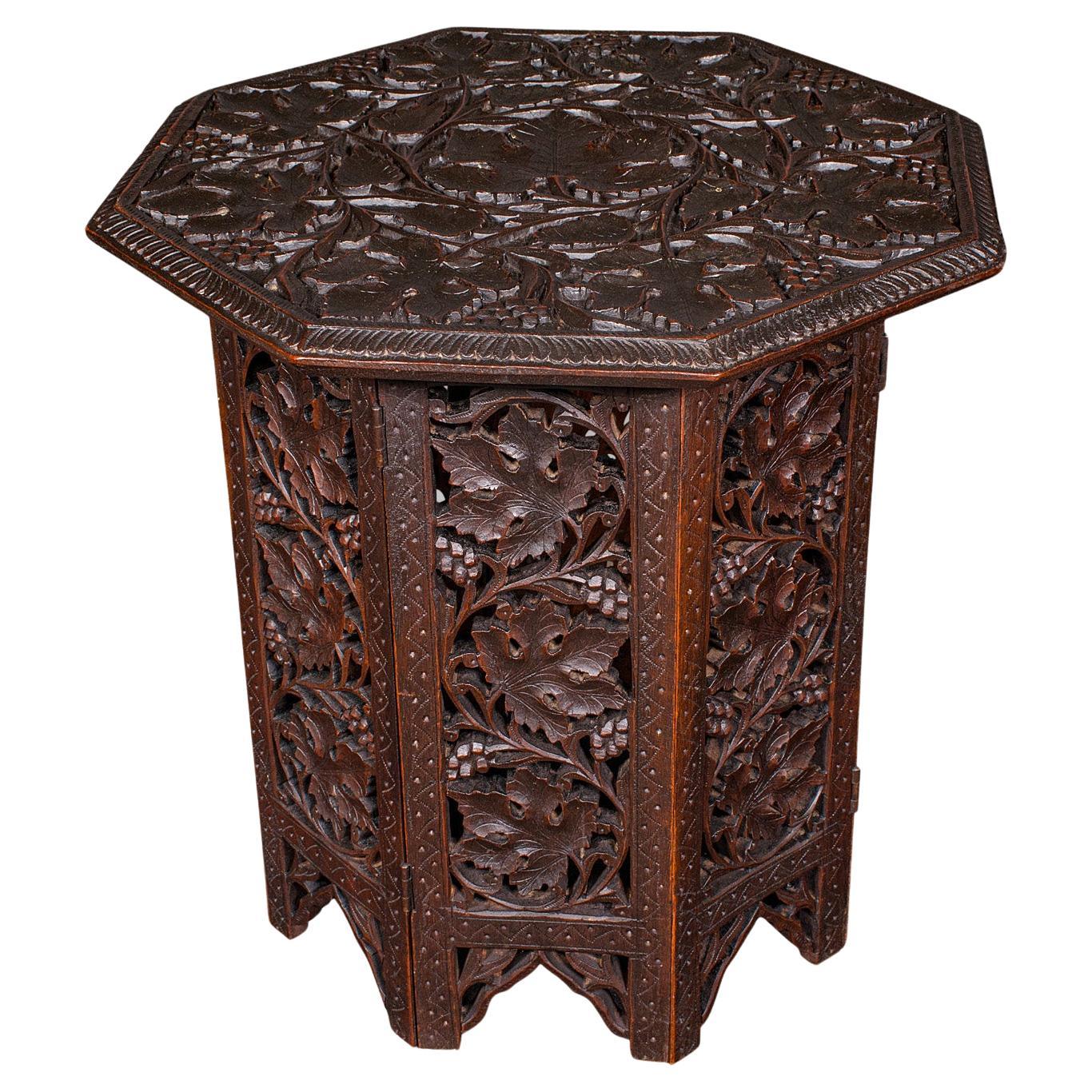 Small Antique Campaign Tea Table, Anglo-Indian, Relief Carved Teak, Victorian en venta