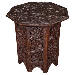Small Antique Campaign Tea Table, Anglo-Indian, Relief Carved Teak, Victorian