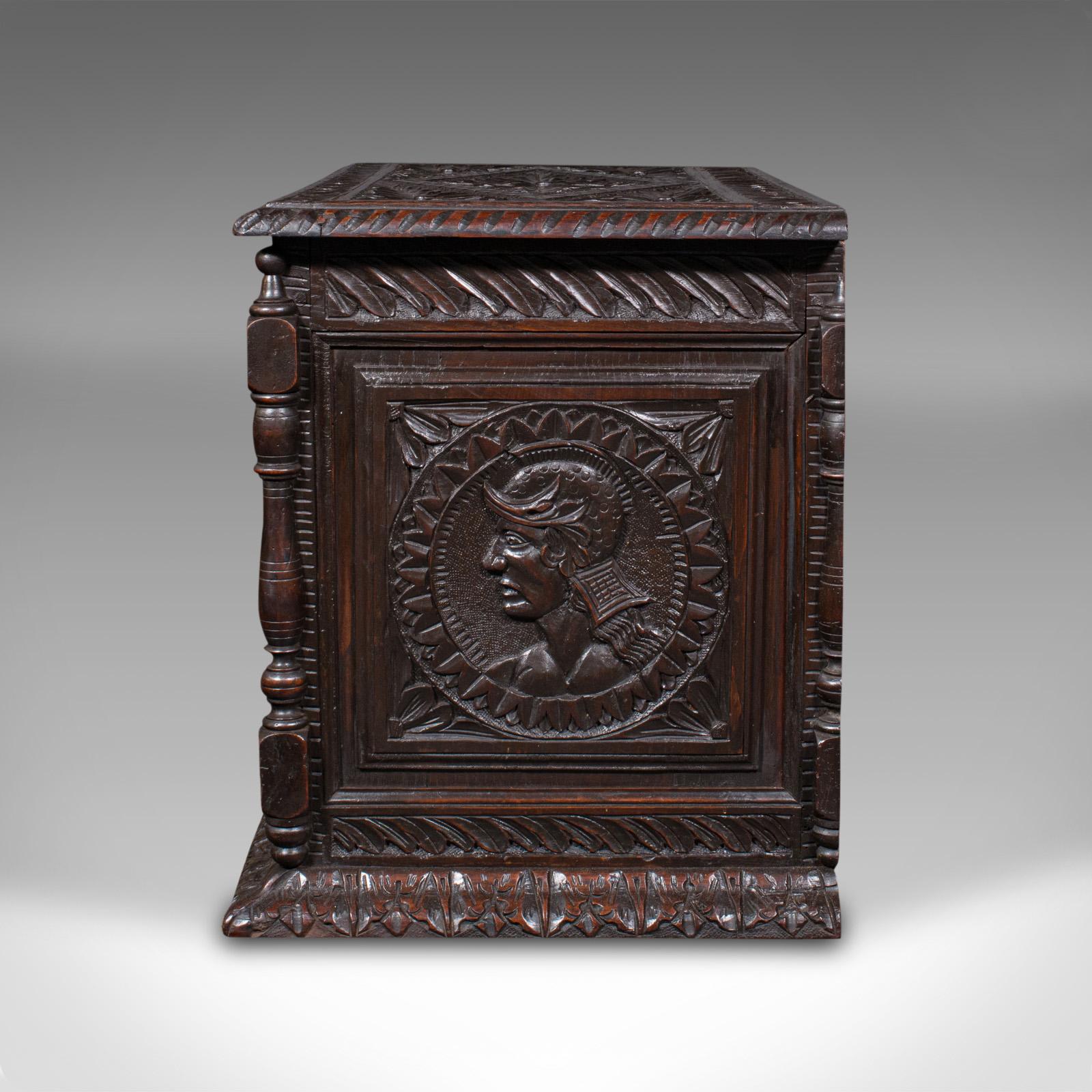 Late Victorian Small Antique Carved Coffer, English Oak, Gothic Revival, Blanket Box, Victorian