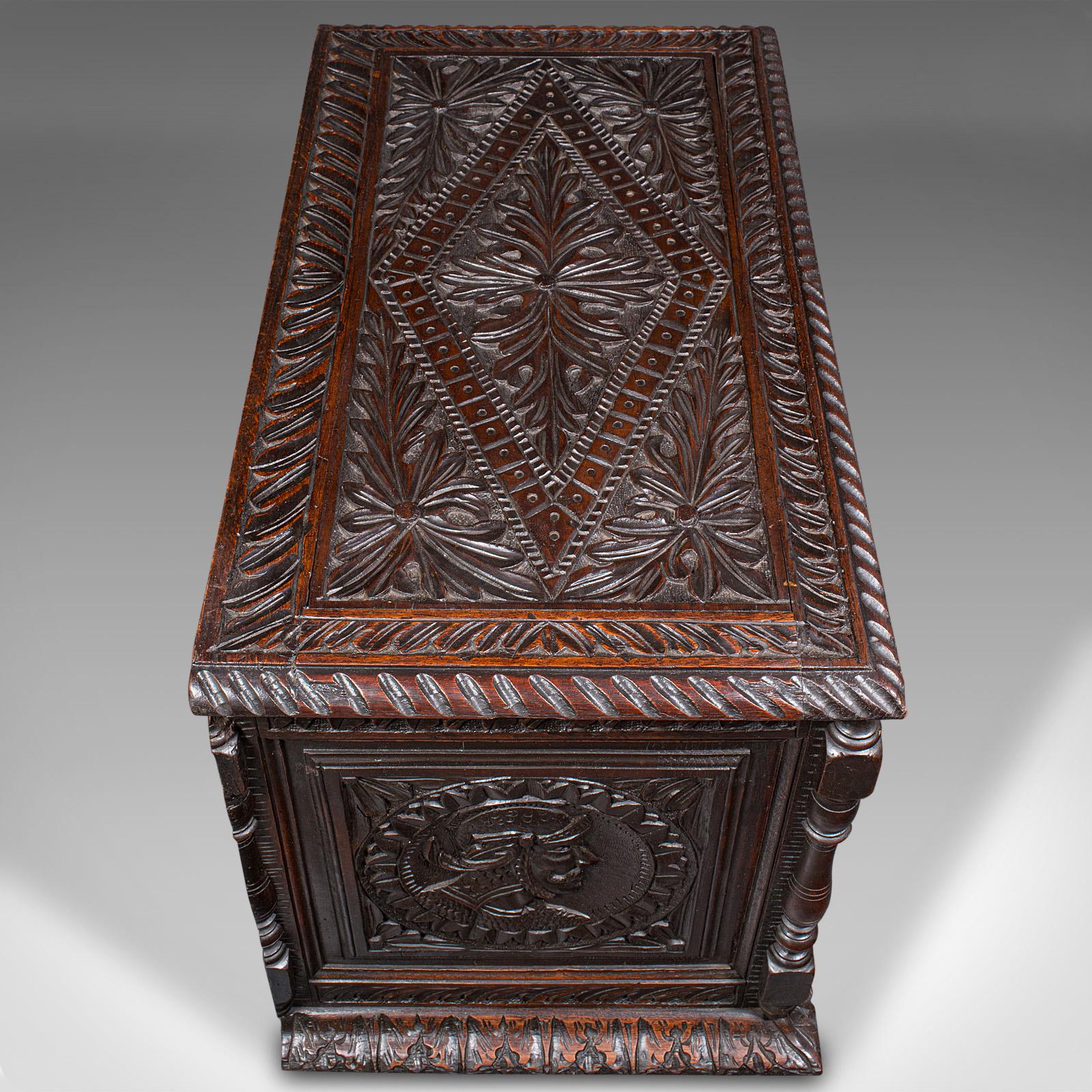 Small Antique Carved Coffer, English Oak, Gothic Revival, Blanket Box, Victorian In Good Condition In Hele, Devon, GB