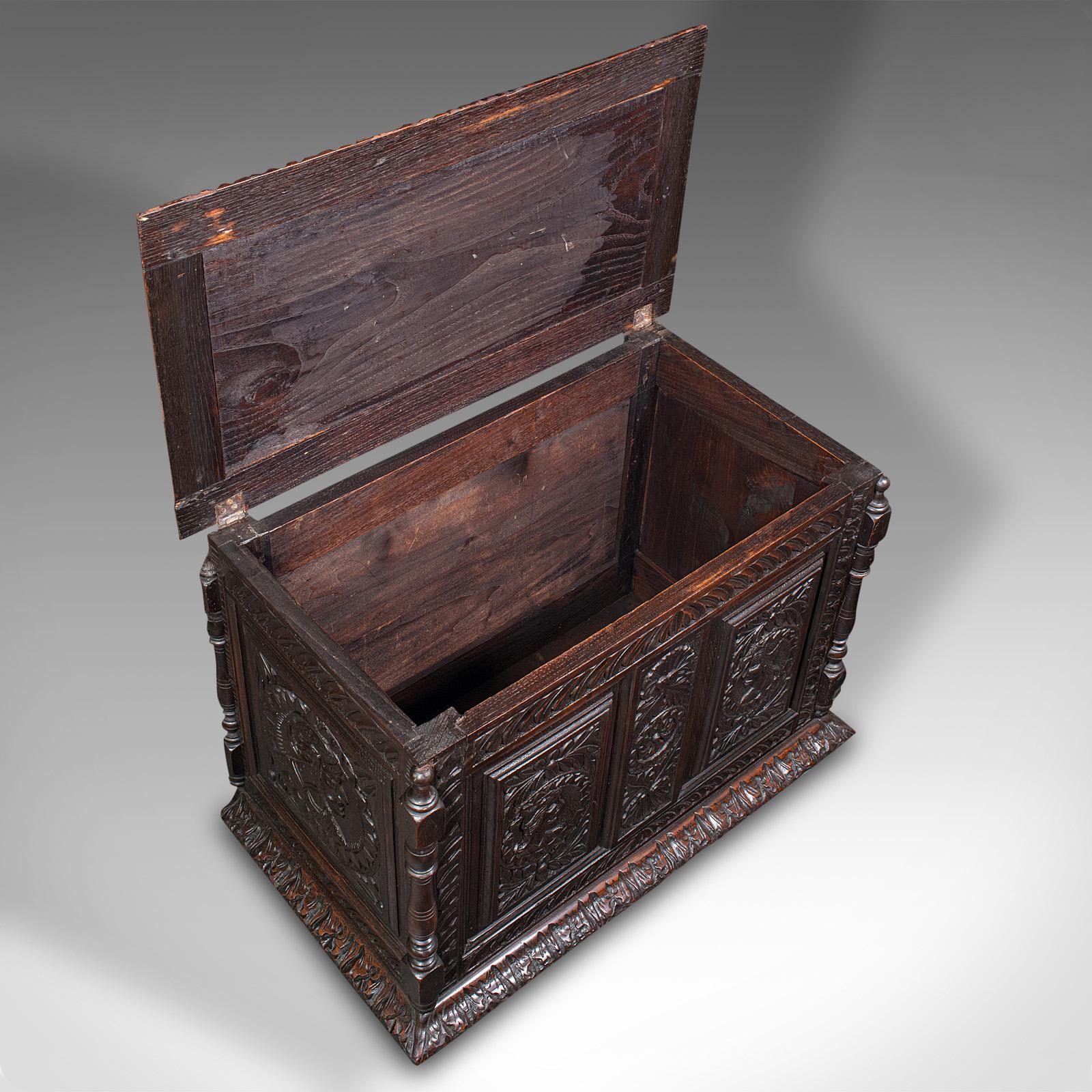 Late 19th Century Small Antique Carved Coffer, English Oak, Gothic Revival, Blanket Box, Victorian