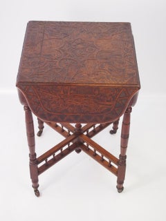 Small Antique Carved Walnut Drop Leaf Table Asian Carved Lamp Card Tea Table