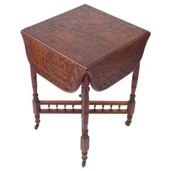 Small Antique Carved Walnut Drop Leaf Table Asian Carved Lamp Card Tea Table