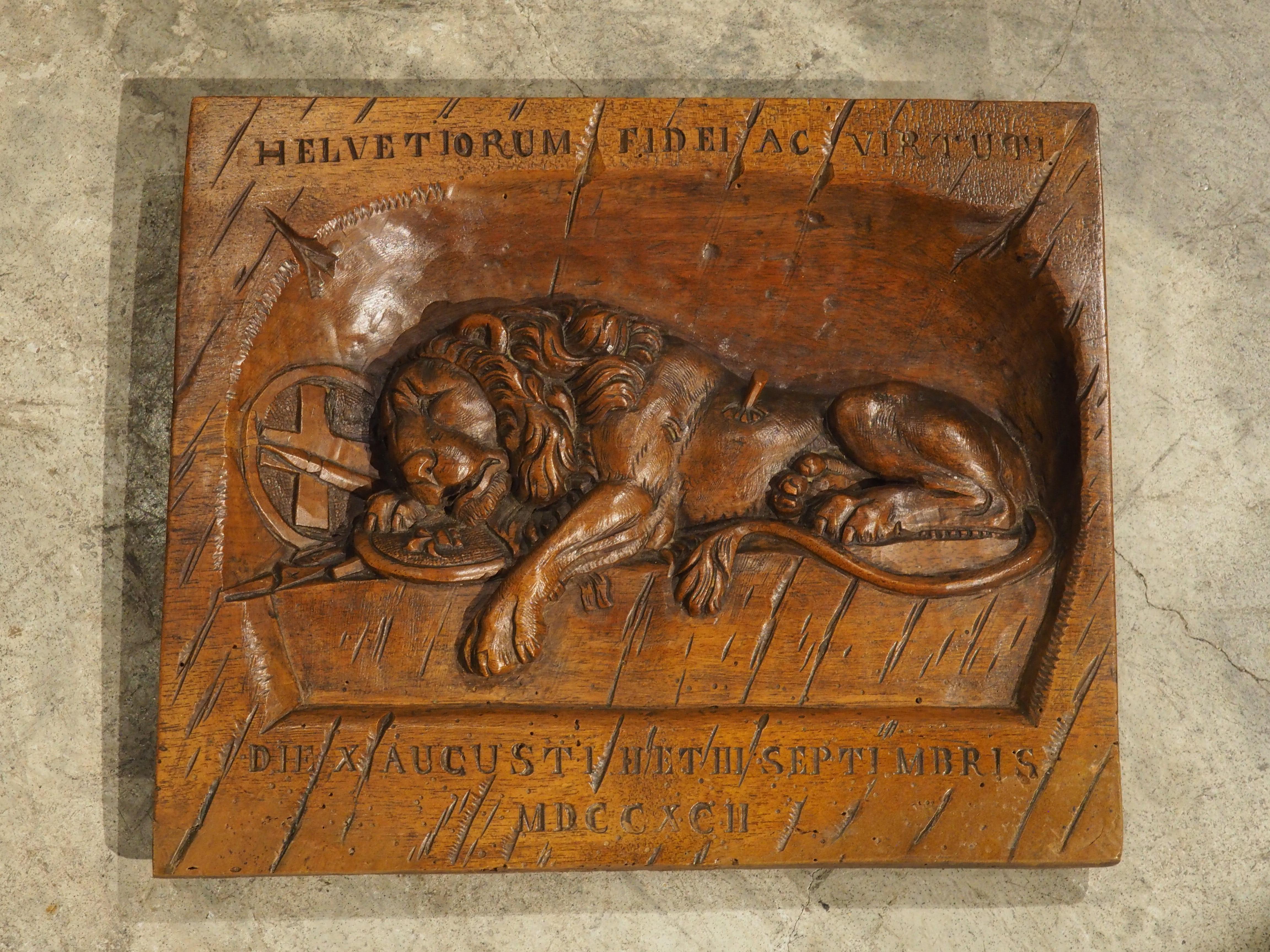 Small Antique Carved Walnut Plaque, Lion Of Lucerne, Late 1800s 4