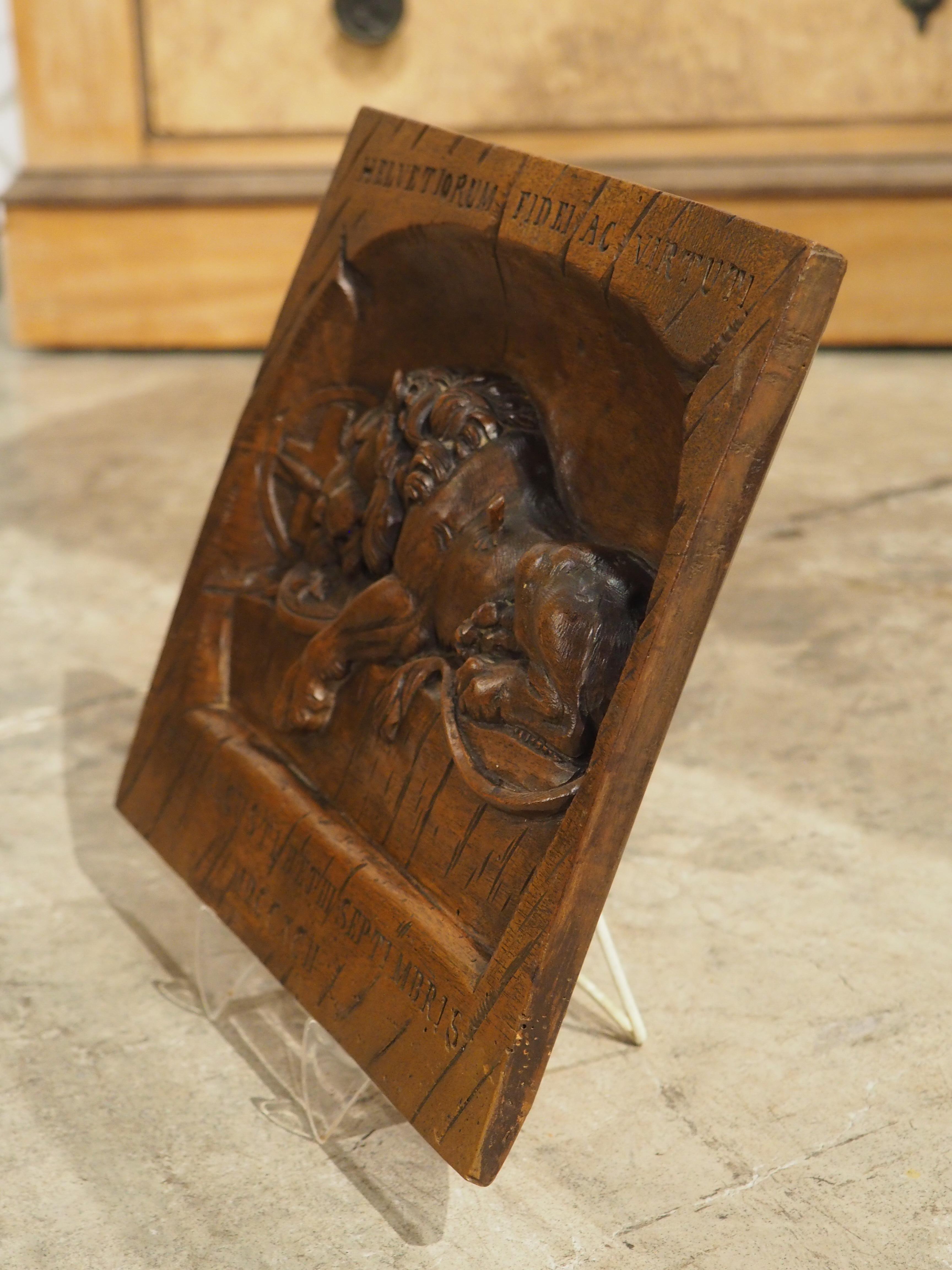 Wood Small Antique Carved Walnut Plaque, Lion Of Lucerne, Late 1800s