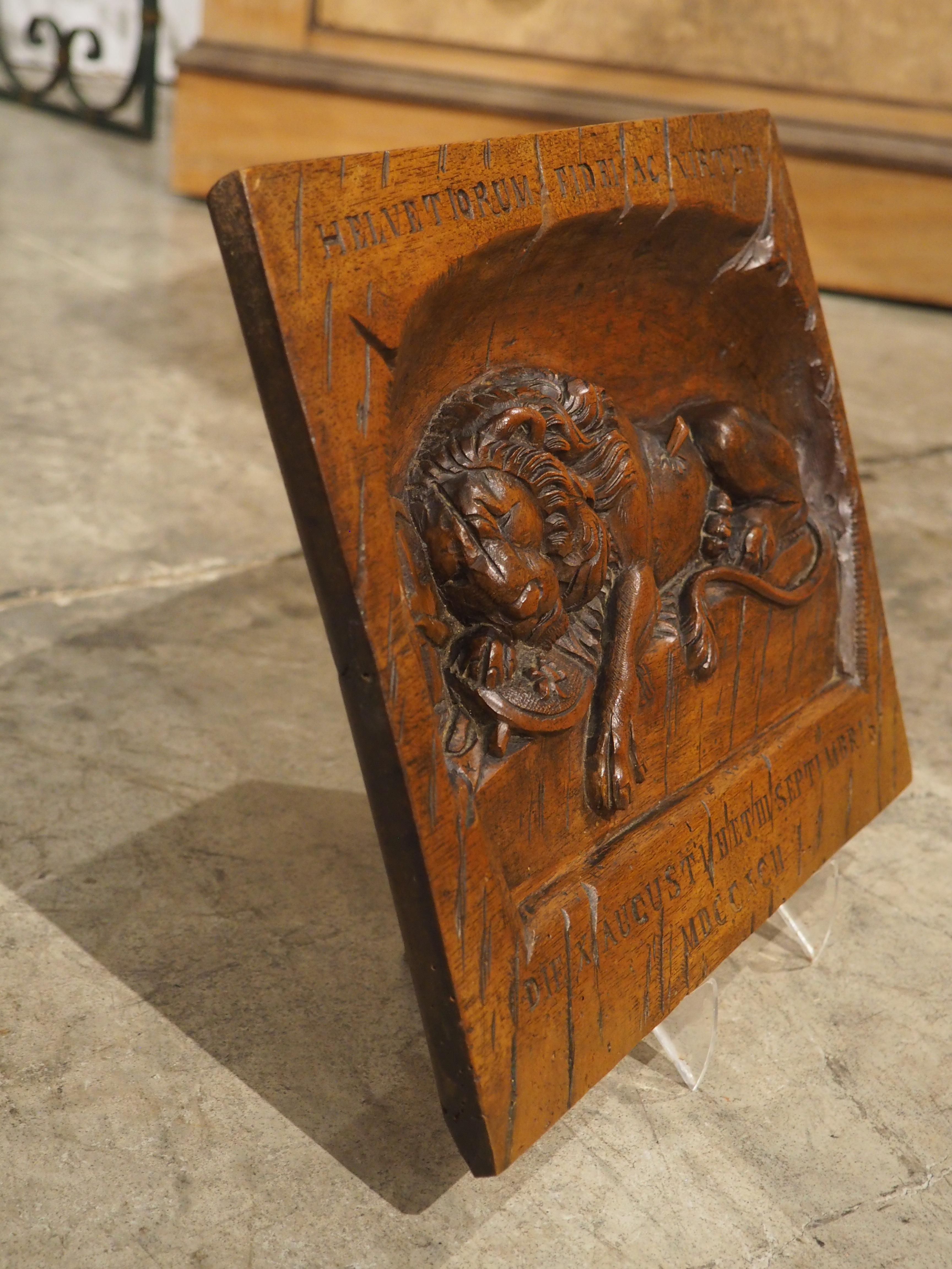 Small Antique Carved Walnut Plaque, Lion Of Lucerne, Late 1800s 1