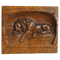 Small Antique Carved Walnut Plaque, Lion Of Lucerne, Late 1800s