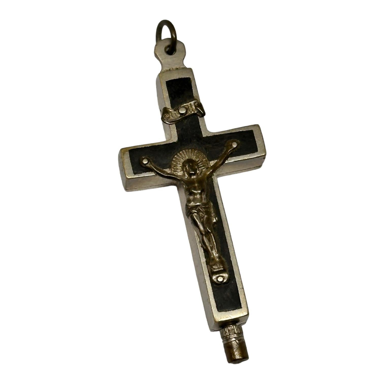 Art Nouveau small Antique Catholic Reliquary Box Crucifix Pendant with Relics of Saints For Sale