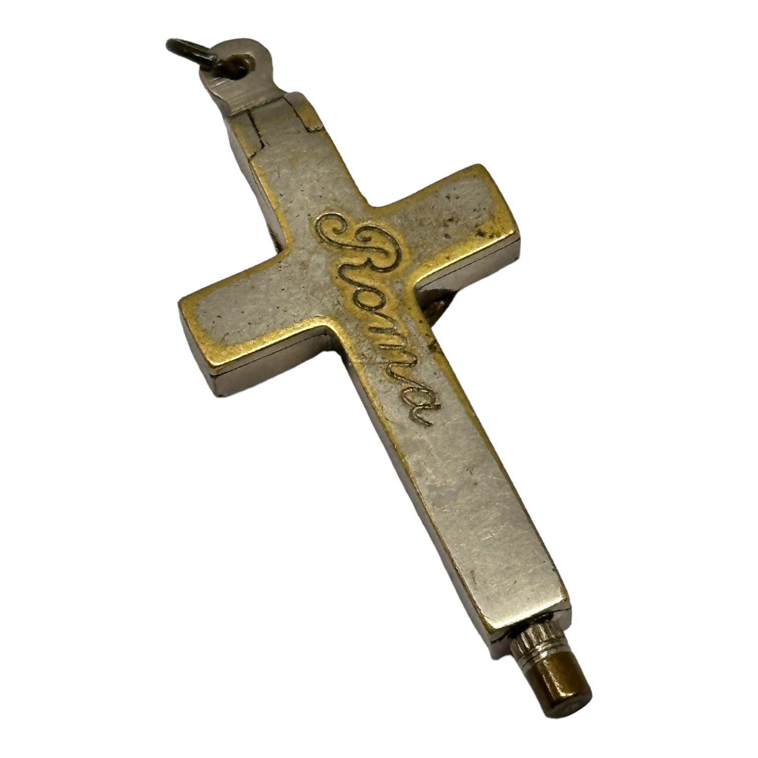 Hand-Crafted small Antique Catholic Reliquary Box Crucifix Pendant with Relics of Saints For Sale