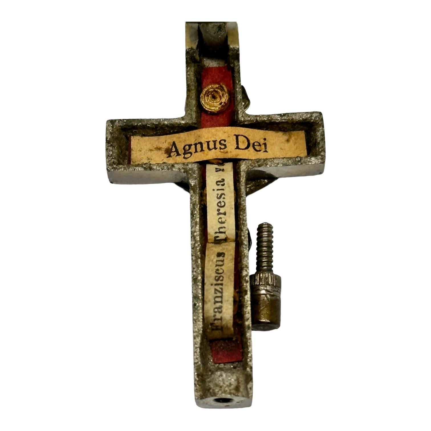 Mid-20th Century small Antique Catholic Reliquary Box Crucifix Pendant with Relics of Saints For Sale