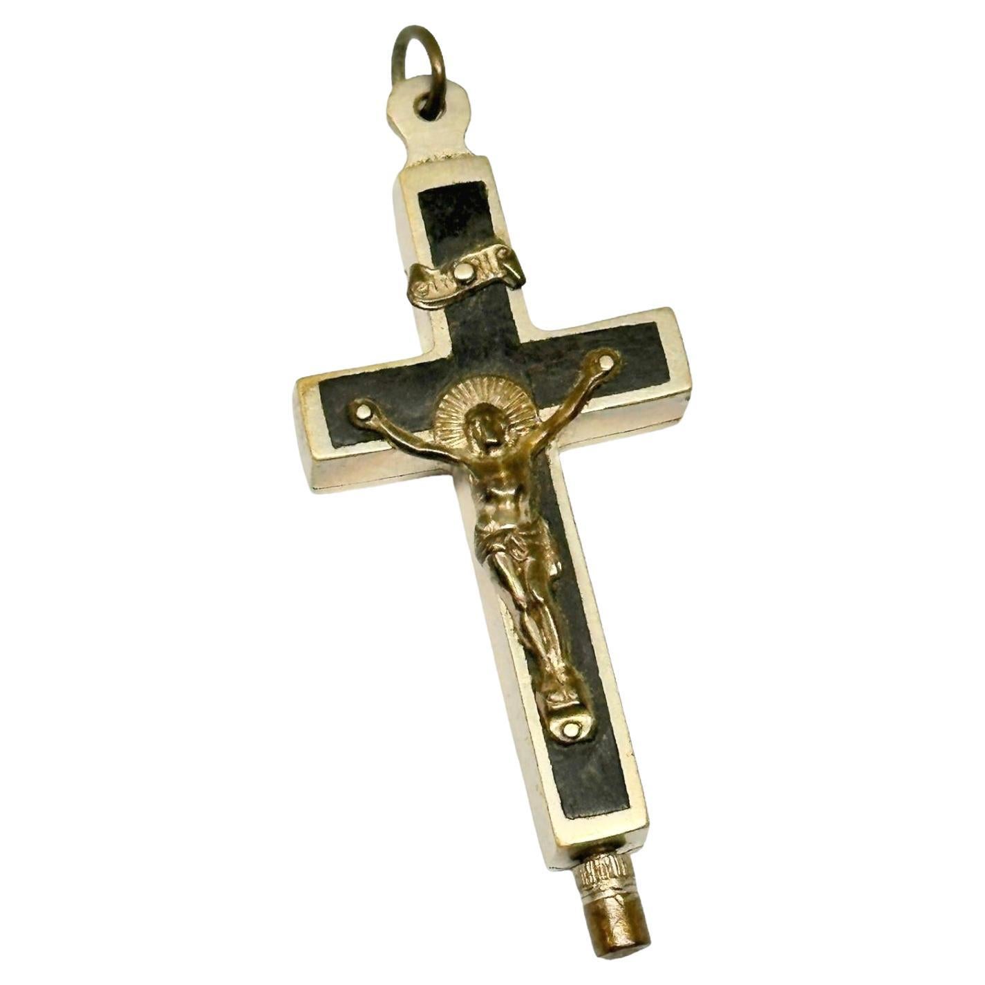 small Antique Catholic Reliquary Box Crucifix Pendant with Relics of Saints For Sale