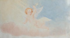 Small Antique Cherub Watercolour In Moon And Star Verre Egolisme Frame, 19th C