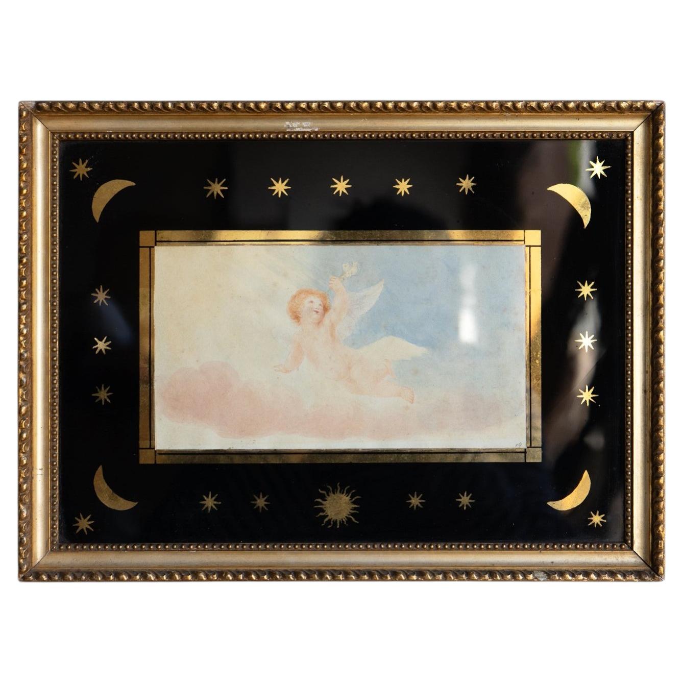 Small Antique Cherub Watercolour In Moon And Star Verre Egolisme Frame, 19th C For Sale
