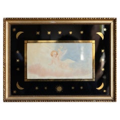 Small Antique Cherub Watercolour In Moon And Star Verre Egolisme Frame, 19th C