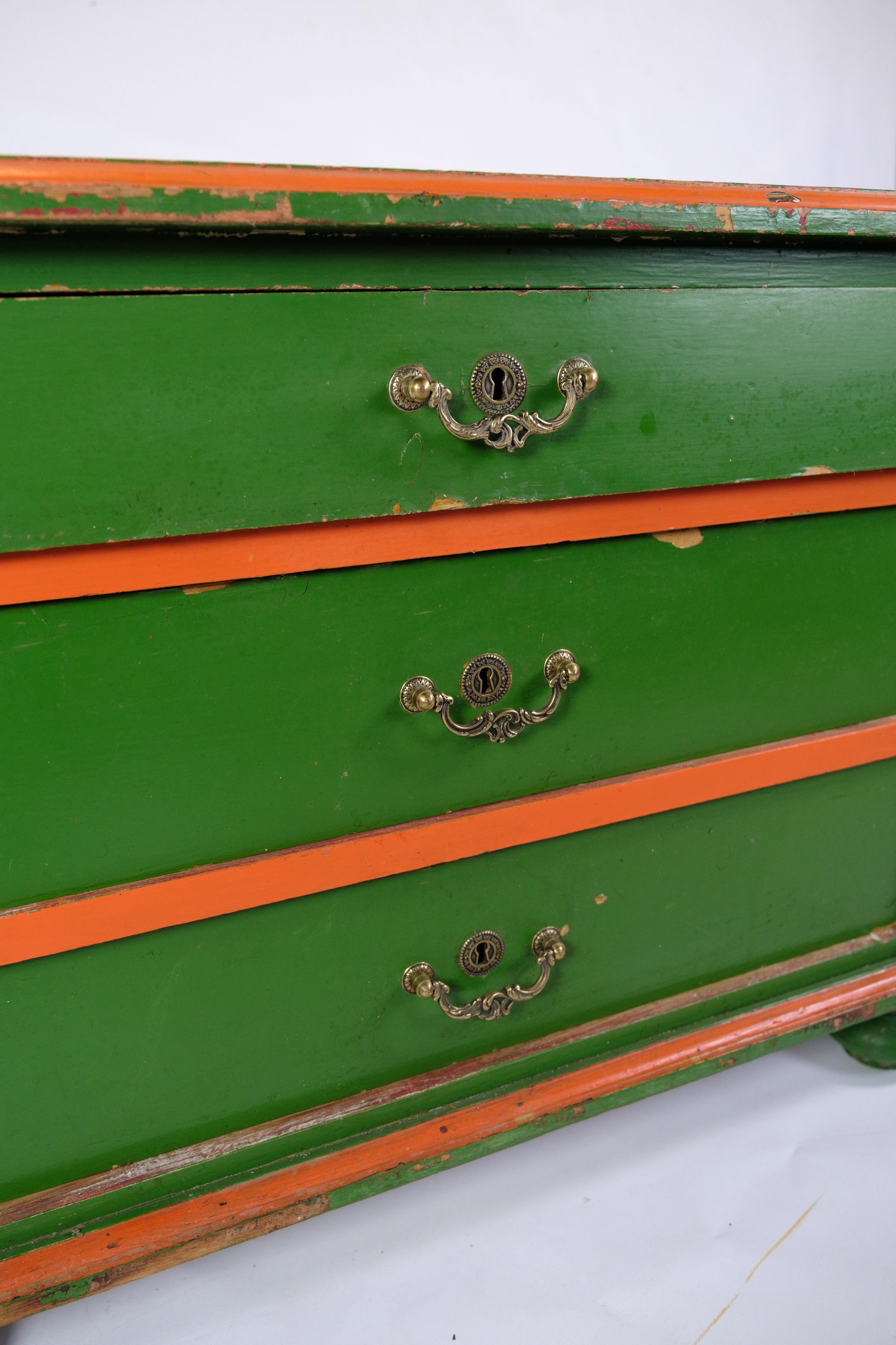 Other Small Antique Chest Of Drawers Painted In Green With Red Edges From 1890s For Sale