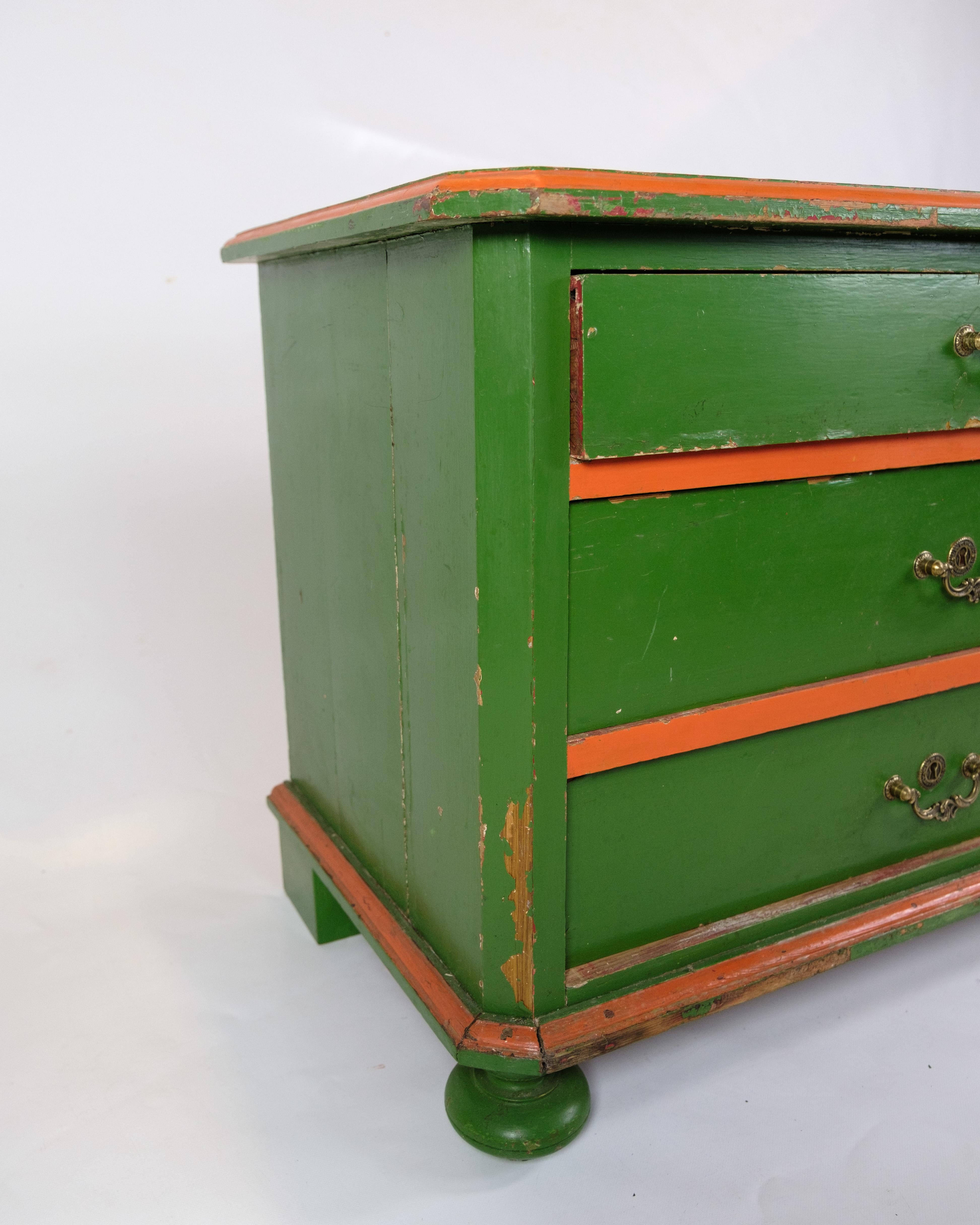 Danish Small Antique Chest Of Drawers Painted In Green With Red Edges From 1890s For Sale