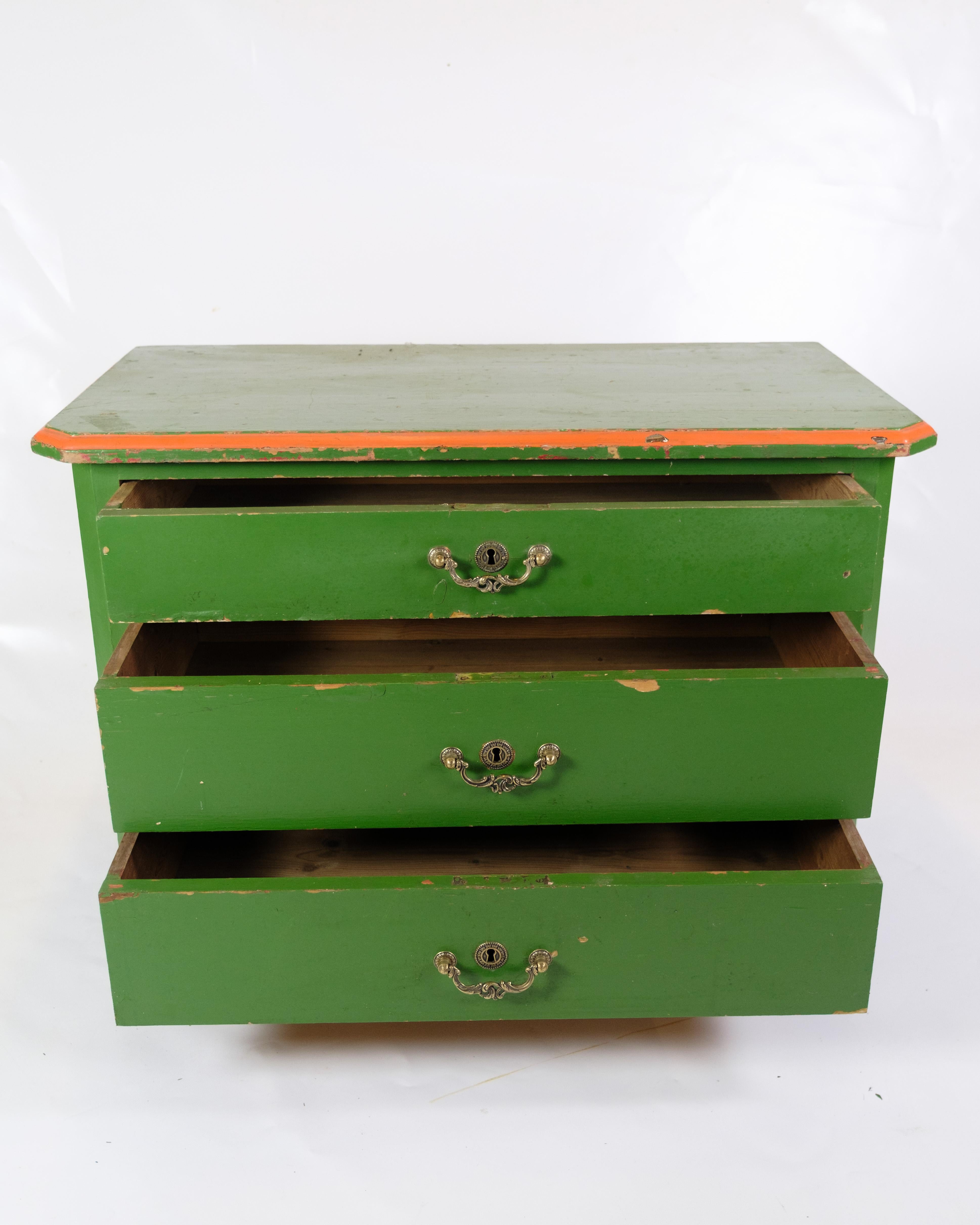 Late 19th Century Small Antique Chest Of Drawers Painted In Green With Red Edges From 1890s For Sale